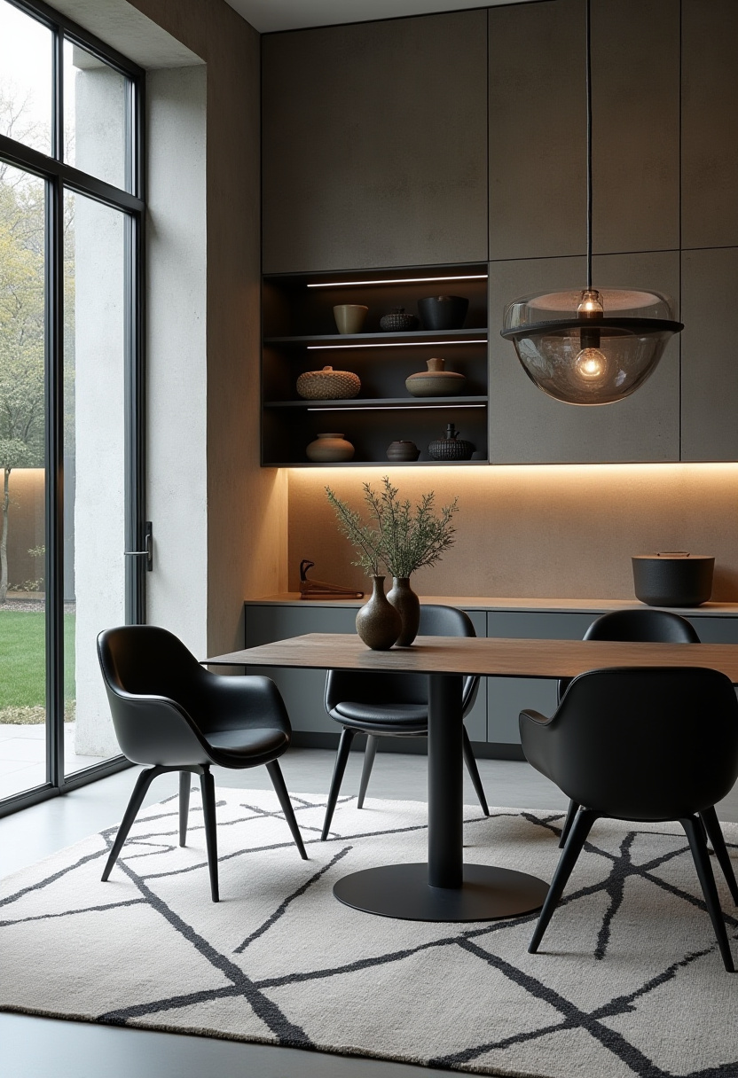 Step into sleek modern style with this dining room featuring black chairs surrounding a warm wooden table set on a bold geometric rug. A large glass pendant light adds contemporary flair, while open shelves showcase minimalist pottery for a clean, curated look. Perfect for fans of modern interiors, minimalist decor, and statement lighting. Pin this stylish space for your next home update and follow for more chic design ideas!
#ModernDiningRoom #BlackChairs #WoodenTable #GeometricRug #MinimalistDecor #GlassPendantLight #DiningRoomInspo #PinterestHome