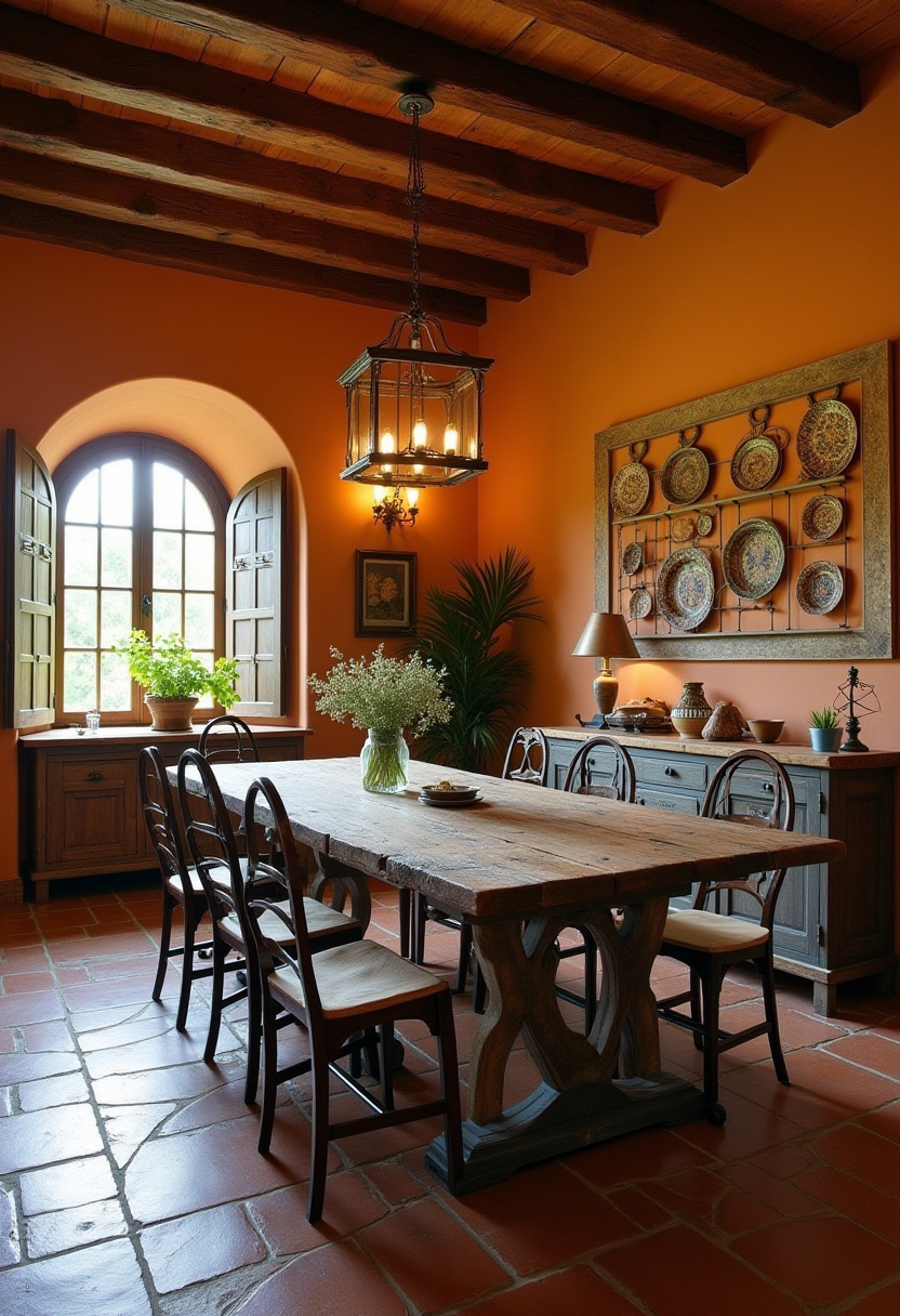 Step into rustic warmth with this cozy dining room featuring terracotta walls, exposed wooden beams, and a large wooden table surrounded by chairs. Decorative plates adorn the walls, while a charming chandelier adds inviting light. Perfect for lovers of rustic decor, warm tones, and farmhouse style. Pin this beautiful space for your next home makeover and follow for more cozy rustic inspiration!
#RusticDiningRoom #TerracottaWalls #WoodenBeams #FarmhouseStyle #CozyInteriors #DiningRoomInspo #PinterestHome #WarmDecor
