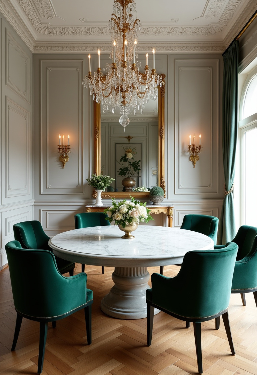 Elevate your dining experience with this elegant room featuring a round marble table paired with six luxurious green velvet chairs. A sparkling crystal chandelier adds glamour, while gold-framed mirrors on the walls bring warmth and sophistication. Perfect for lovers of chic design, velvet accents, and timeless elegance. Pin this stunning dining room idea for your next home update and follow for more luxe inspiration!
#ElegantDiningRoom #MarbleTable #GreenVelvetChairs #CrystalChandelier #GoldMirrors #LuxuryInteriors #DiningRoomInspo #PinterestHome