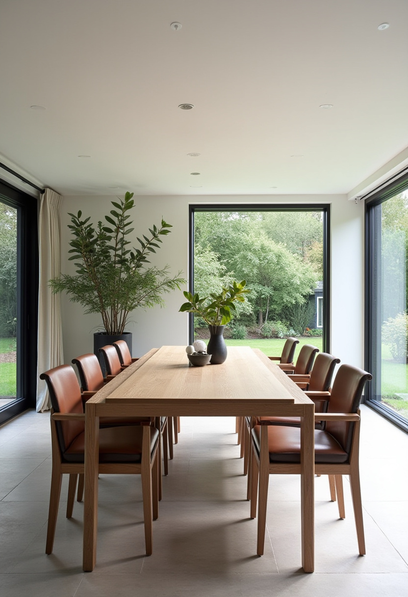 Discover modern elegance in this dining room featuring a long wooden table surrounded by eight comfortable brown leather chairs. Large windows frame lush green trees, flooding the space with natural light and creating a serene, inviting atmosphere. Perfect for lovers of contemporary design, cozy leather seating, and nature-inspired interiors. Pin this beautiful dining room idea and follow for more serene home inspiration!
#ModernDiningRoom #WoodenTable #LeatherChairs #NaturalLight #SereneInteriors #DiningRoomInspo #PinterestHome #CozyDesign