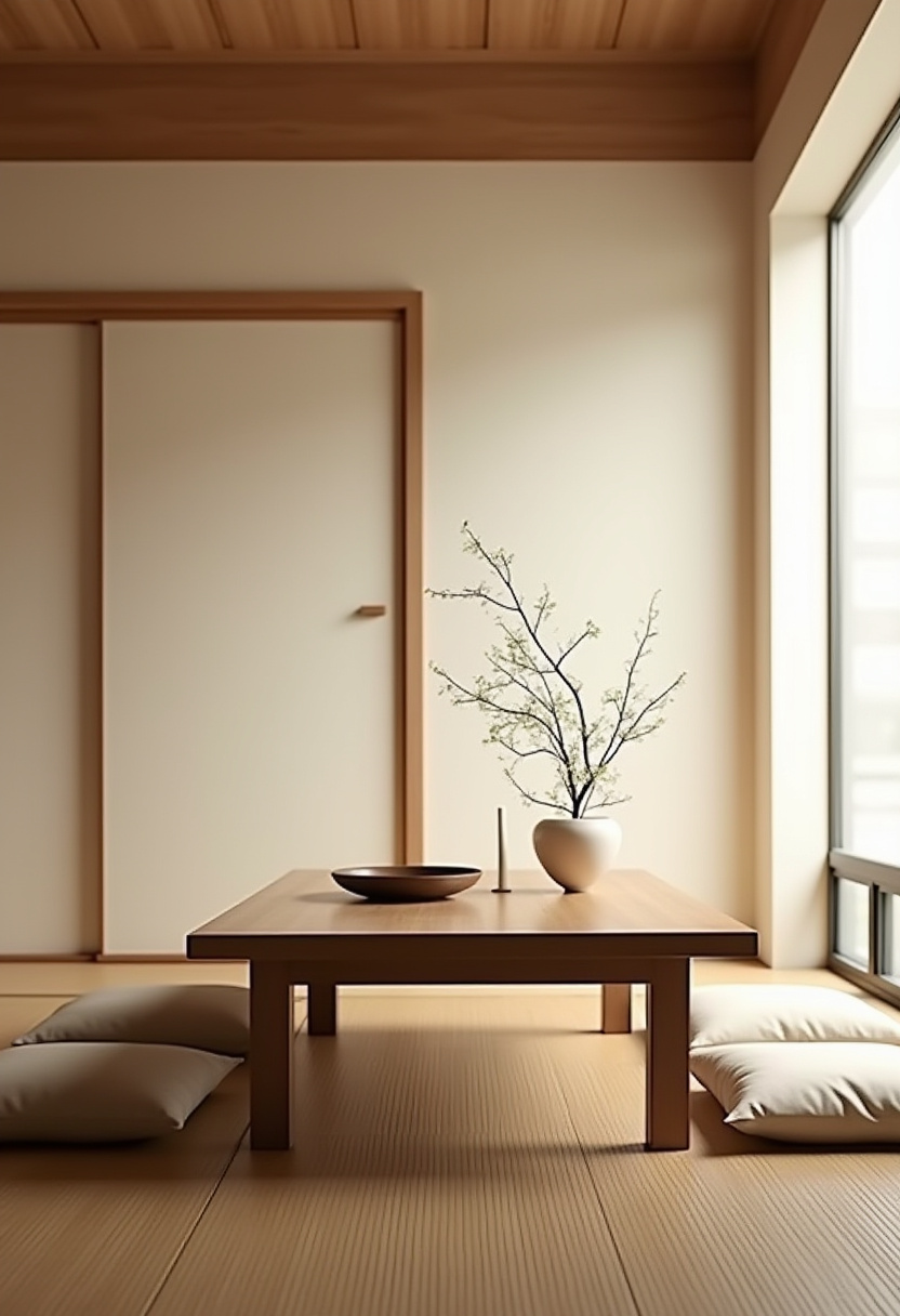 Step into tranquility with this minimalist Japanese room featuring a sleek wooden low table adorned with a white vase of branches, a small candle, and a dark dish. Cushions on traditional tatami mats enhance the serene vibe, perfect for a peaceful retreat. Embrace the beauty of Japandi design, natural textures, and mindful living. Pin now to inspire your next calming home makeover!
#JapaneseInterior #MinimalistDesign #TatamiRoom #ZenVibes #JapandiStyle #WoodenTable #PeacefulRetreat #PinterestHome