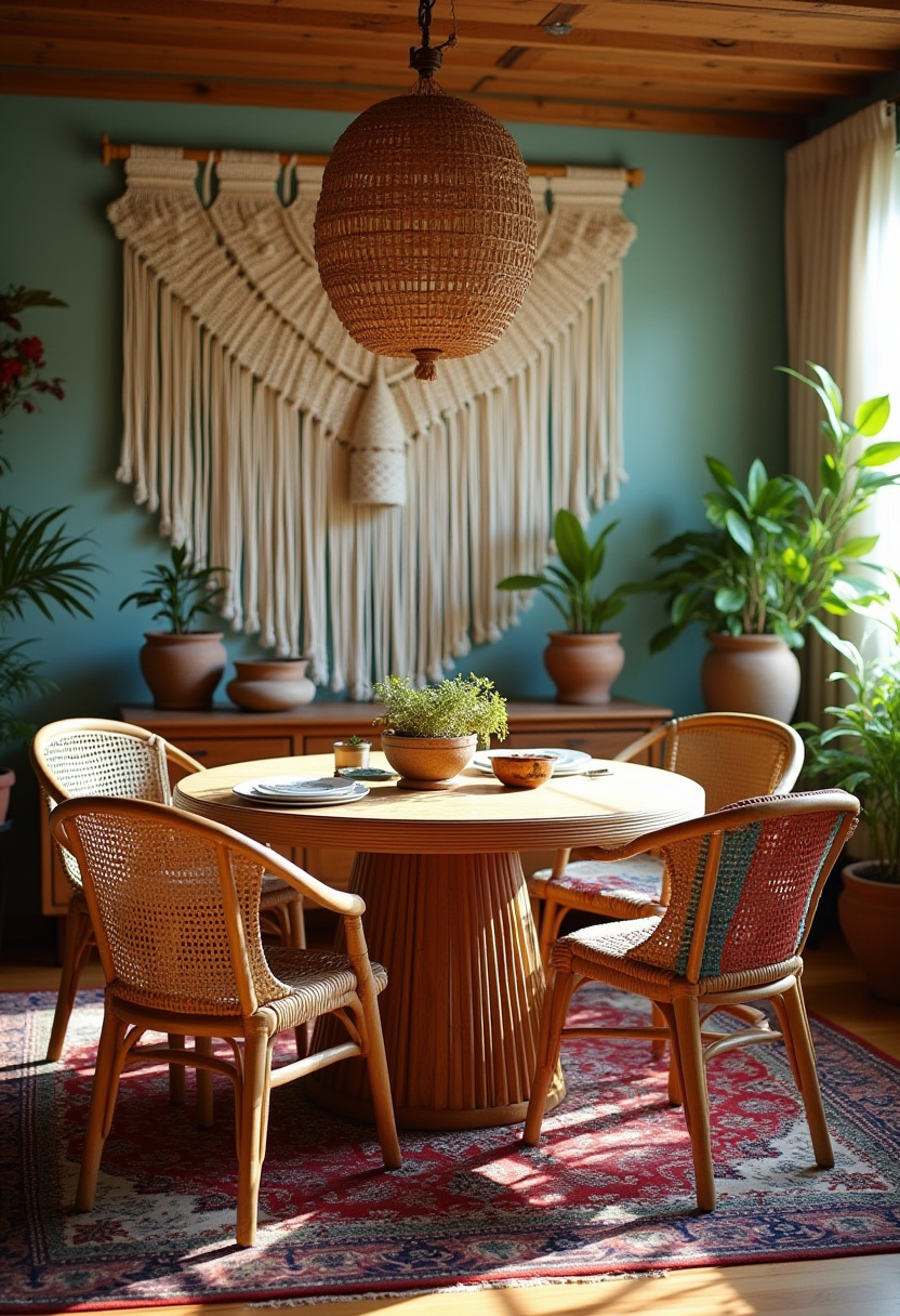 Warm up your home with this cozy dining room featuring a charming round wooden table and stylish wicker chairs! A textured wall hanging, lush plants, and a sunlit ambiance paired with a cozy rug create an inviting atmosphere perfect for intimate meals. Transform your space with this rustic, nature-inspired look. Pin now to inspire your next home decor project! #CozyDining #RusticDecor #HomeWarmth #NatureInspired
