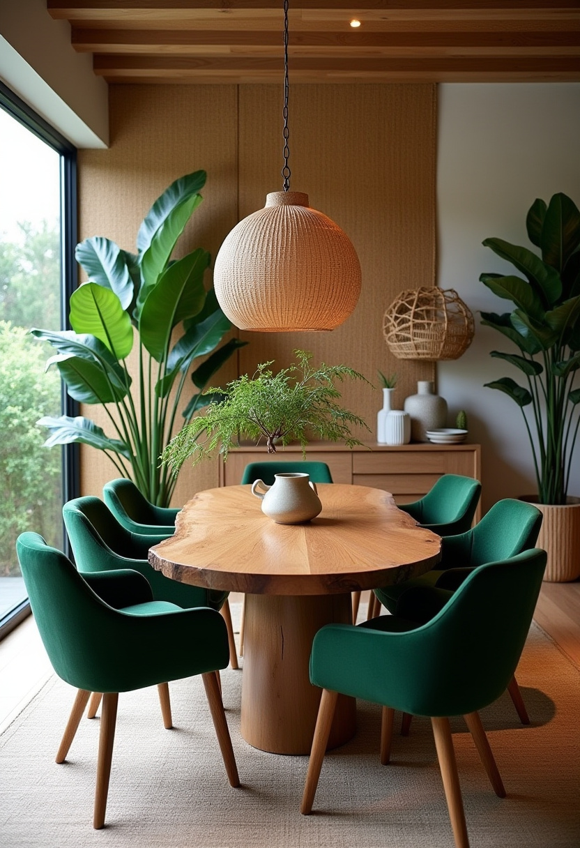 Elegant dining room with a round wood table set for six, surrounded by green chairs. A crystal chandelier above and a ornate mirror on a green-patterned wall add sophistication.