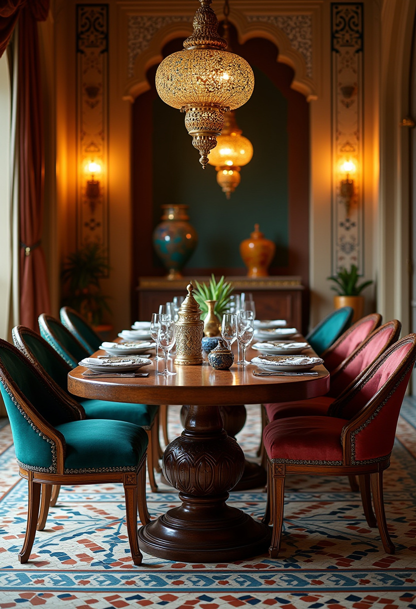This elegant dining room blends sophistication and warmth with a wooden table, plush teal and burgundy chairs, and ornate lanterns that cast a soft glow. Decorative vases and a colorful patterned rug add texture and personality, creating a layered, inviting ambiance. Perfect for those who love eclectic elegance and rich, cozy dining room decor. Pin this look for your home inspiration and follow for more bold, beautiful interior ideas!
#ElegantDiningRoom #EclecticHomeDecor #ColorfulRugInspo #TealAndBurgundyChairs #DiningRoomStyling #WarmInteriorDesign #LanternLighting #DecorativeVases #PinterestHomeIdeas