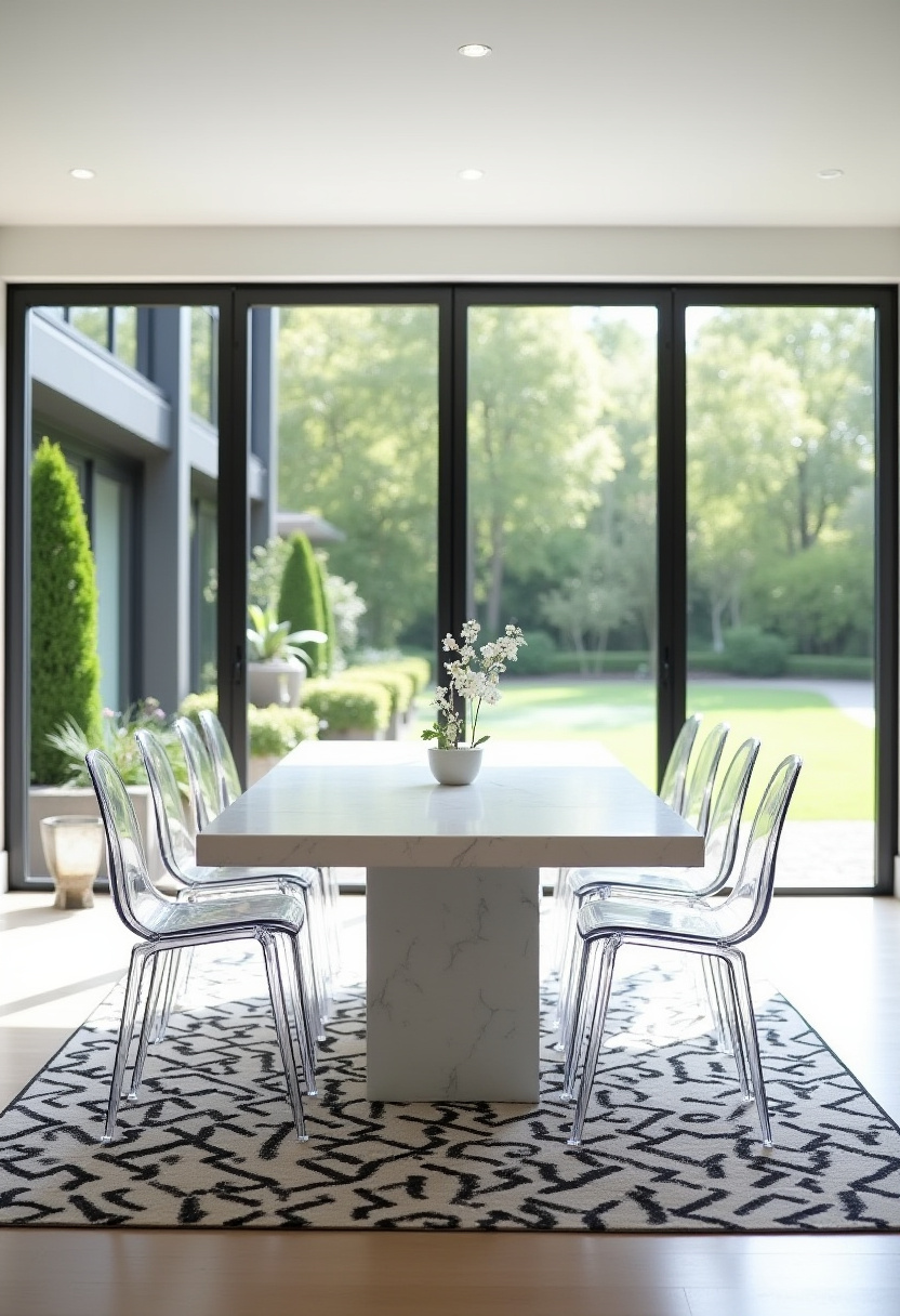 Discover serenity with this modern dining room boasting a sleek white marble table and chic clear chairs atop a stylish patterned rug! Large windows frame a sunny garden view, creating a calm and elegant ambiance perfect for relaxed gatherings. Elevate your home with this fresh, contemporary design. Pin now to inspire your next sophisticated decor project! #ModernDining #ElegantDecor #MarbleTable #SereneSpaces