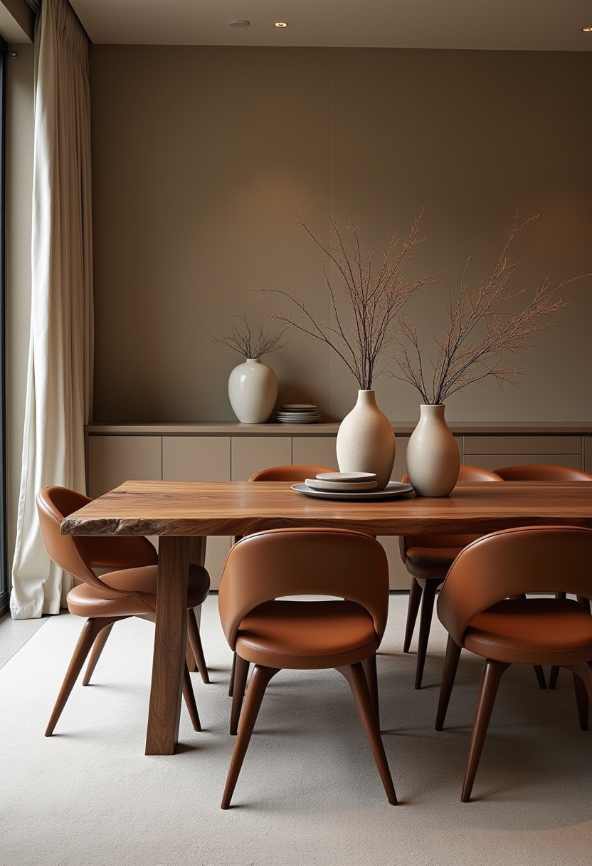 This modern dining room features a sleek wooden table surrounded by six brown chairs, creating a warm and grounded aesthetic. Minimal beige vases with natural branches add an earthy, elegant touch, while soft lighting enhances the cozy, inviting ambiance. Perfect for lovers of neutral decor and contemporary dining spaces. Save this look for your dining room inspiration and follow for more modern, stylish home ideas!
#ModernDiningRoom #NeutralHomeDecor #WoodenDiningTable #BrownChairs #BeigeVaseDecor #WarmInteriorStyle #MinimalistDiningRoom #ContemporaryHomeInspo #PinterestDecorIdeas