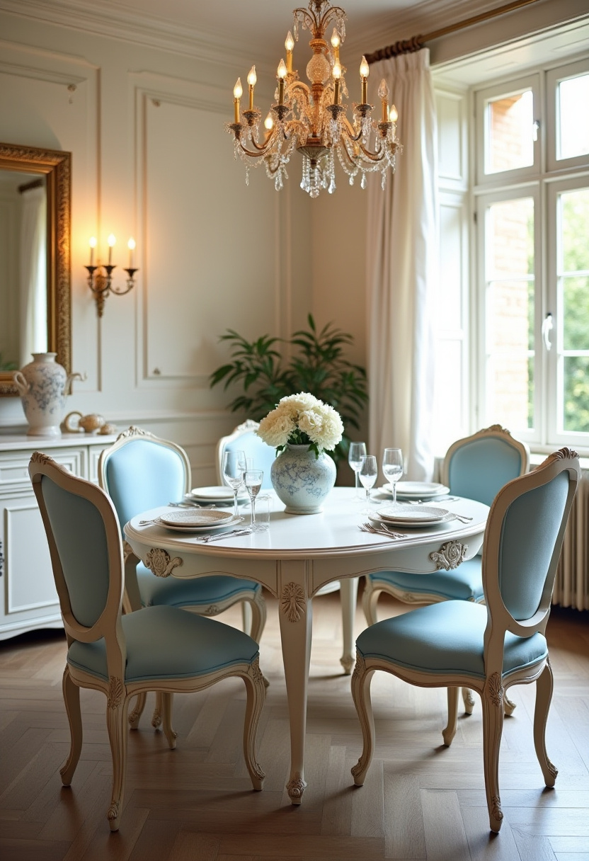 Elevate your dining experience with this elegant dining room showcasing a stunning round white table set for four, paired with plush blue cushioned chairs! A sparkling chandelier casts a warm glow, enhancing the classic decor for a timeless, inviting atmosphere. Transform your space with this sophisticated yet cozy design. Pin now to inspire your next luxurious home decor project! #ElegantDining #ClassicDecor #ChandelierCharm #CozyLuxury