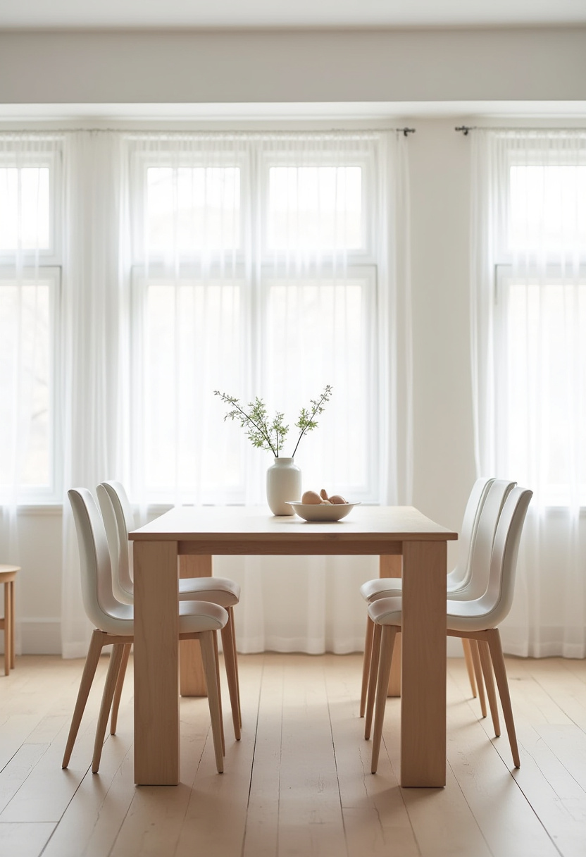 Light up your home with this bright, minimalistic dining room featuring a sleek light wood table and six crisp white chairs! A chic vase with green branches and a bowl of eggs add a fresh touch, while soft natural light pours through sheer white curtains, crafting a calm and inviting atmosphere. Create your own serene dining oasis with this airy design. Pin now to inspire your next minimalist decor project! #MinimalistDining #BrightInteriors #SereneSpaces #FreshDecor