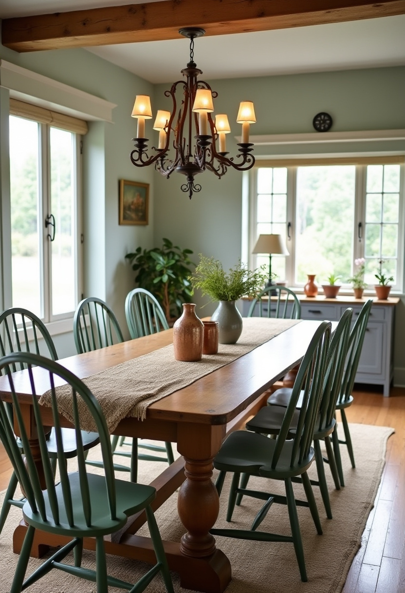 Create a warm retreat with this cozy dining room featuring a rustic wooden table and vibrant green chairs, lit by a charming rustic chandelier! Natural light floods through large windows, while potted plants bring earthy warmth to the inviting space. Transform your home with this cozy, nature-inspired design. Pin now to spark your next heartwarming decor project! #CozyDining #RusticCharm #GreenLiving #WarmInteriors