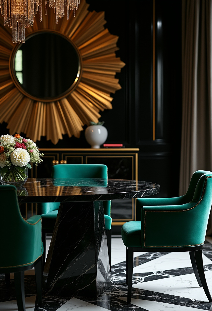 Elevate your gatherings with this luxurious dining room showcasing a sleek black marble table paired with plush velvet teal chairs! A dazzling sunburst mirror and sparkling chandelier infuse opulence, creating an unforgettable sophisticated ambiance. Transform your space with this glamorous, high-end design. Pin now to inspire your next lavish home decor project! #LuxuryDining #ElegantDecor #MarbleTable #OpulentInteriors