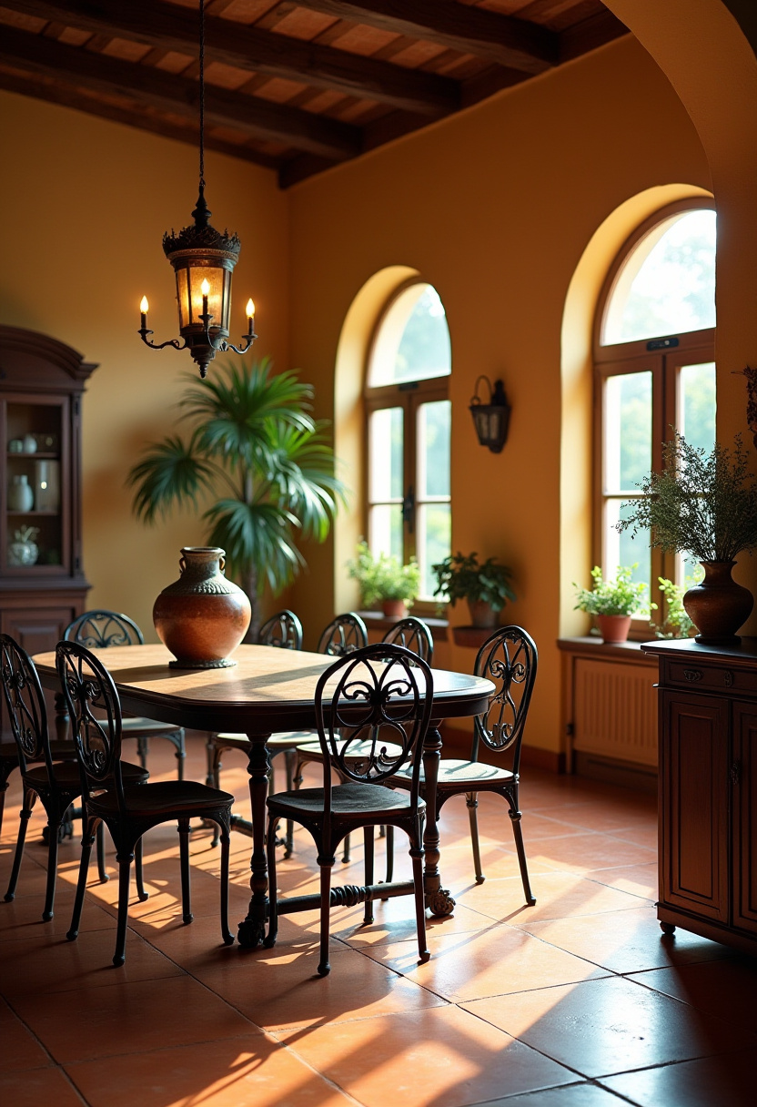 Bask in the glow of this sunlit dining room featuring a rustic wooden table paired with ornate iron chairs! Warm yellow walls and elegant arched windows create a cozy, inviting atmosphere perfect for heartfelt gatherings. Transform your space with this charming, rustic design. Pin now to inspire your next cozy home decor project! #RusticDining #CozyInteriors #WarmDecor #SunlitSpaces