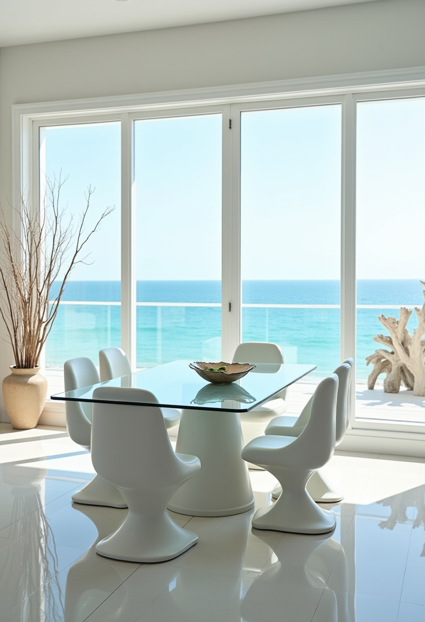 Immerse yourself in this stunning modern dining area featuring sleek white chairs and a chic glass table, set against large windows with a serene ocean view! The minimalist decor and calm, bright tones create a peaceful ambiance perfect for relaxing meals. Transform your space with this airy, coastal-inspired design. Pin now to inspire your next minimalist decor project! #ModernDining #MinimalistDecor #CoastalLiving #BrightInteriors