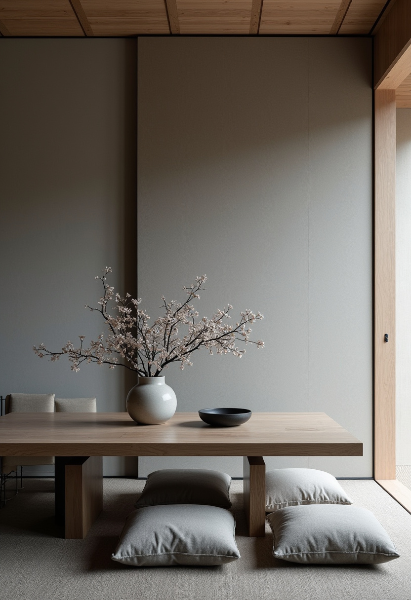 This minimalist Japanese-style room invites tranquility with a low wooden table, floor cushions, and a serene arrangement of cherry blossoms in a simple vase. A black bowl adds contrast and elegance, capturing the essence of wabi-sabi and natural harmony. Perfect for lovers of Japandi interiors and calming, grounded spaces. Save this peaceful setup for your zen-inspired home ideas and follow for more minimalist decor inspiration!
#JapaneseInteriorDesign #MinimalistRoom #JapandiStyle #FloorSeating #WabiSabiDecor #CherryBlossomVase #ZenHomeVibes #NaturalMaterialsDecor #PinterestHomeInspo