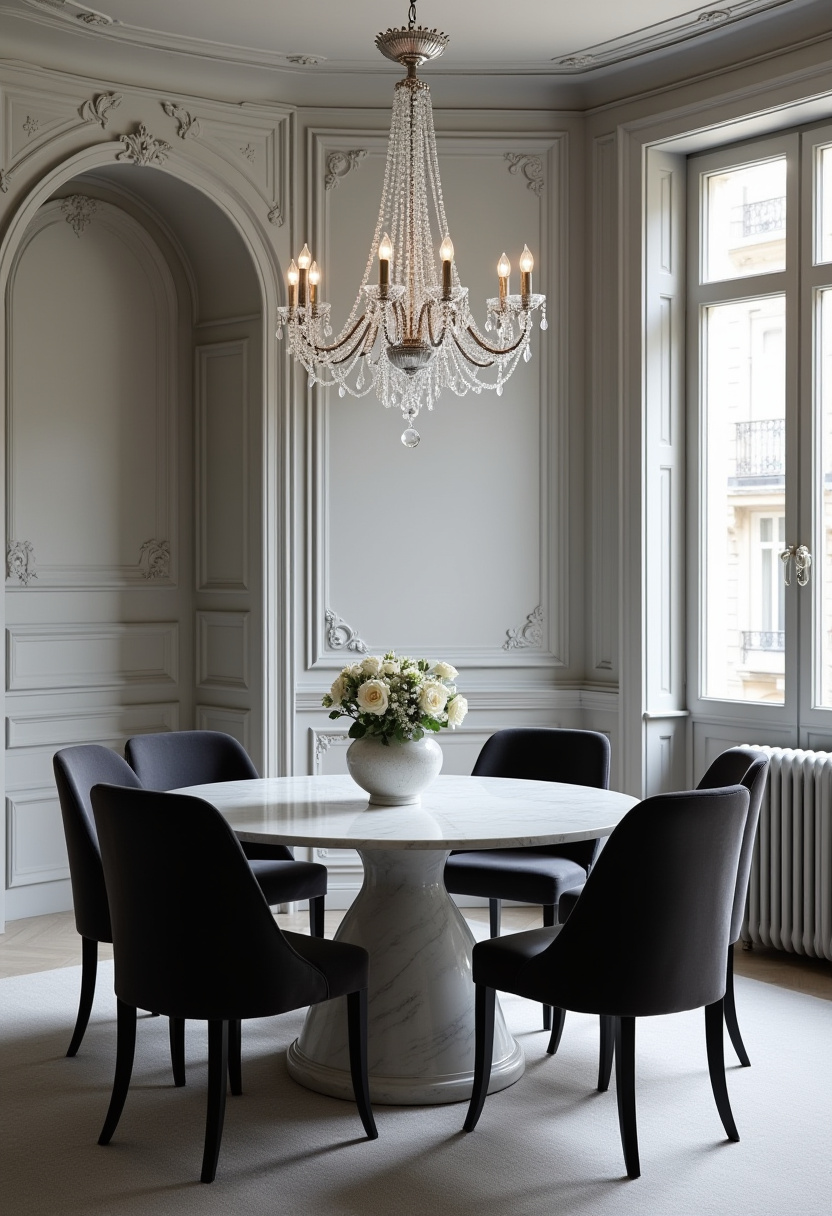 This elegant dining room exudes classic charm with a round marble table, five black chairs, and a stunning bouquet of white roses as the centerpiece. A sparkling crystal chandelier adds a touch of luxury, enhancing the room’s refined, timeless ambiance. Perfect for those who love sophisticated, high-end interior design. Save this graceful look and follow for more elegant dining room inspiration!
#ElegantDiningRoom #MarbleDiningTable #CrystalChandelier #ClassicInteriorDesign #BlackDiningChairs #TimelessHomeDecor #WhiteRoseCenterpiece #LuxuryDiningRoom #PinterestHomeInspo