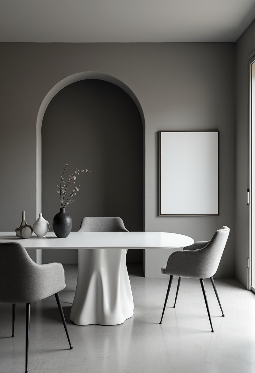 This modern minimalist dining room features a sleek white oval table, gray chairs, and simple vases that create an airy, uncluttered aesthetic. An elegant archway and a blank frame enhance the serene, architectural vibe, making the space feel calm and effortlessly stylish. Perfect for fans of contemporary minimalism and soft neutral interiors. Save this look for your decor inspiration and follow for more minimalist home ideas!
#MinimalistDiningRoom #ModernInteriorDesign #WhiteOvalTable #GrayDiningChairs #NeutralHomeDecor #CalmInteriors #ArchitecturalDetails #ContemporaryMinimalism #PinterestHomeInspo