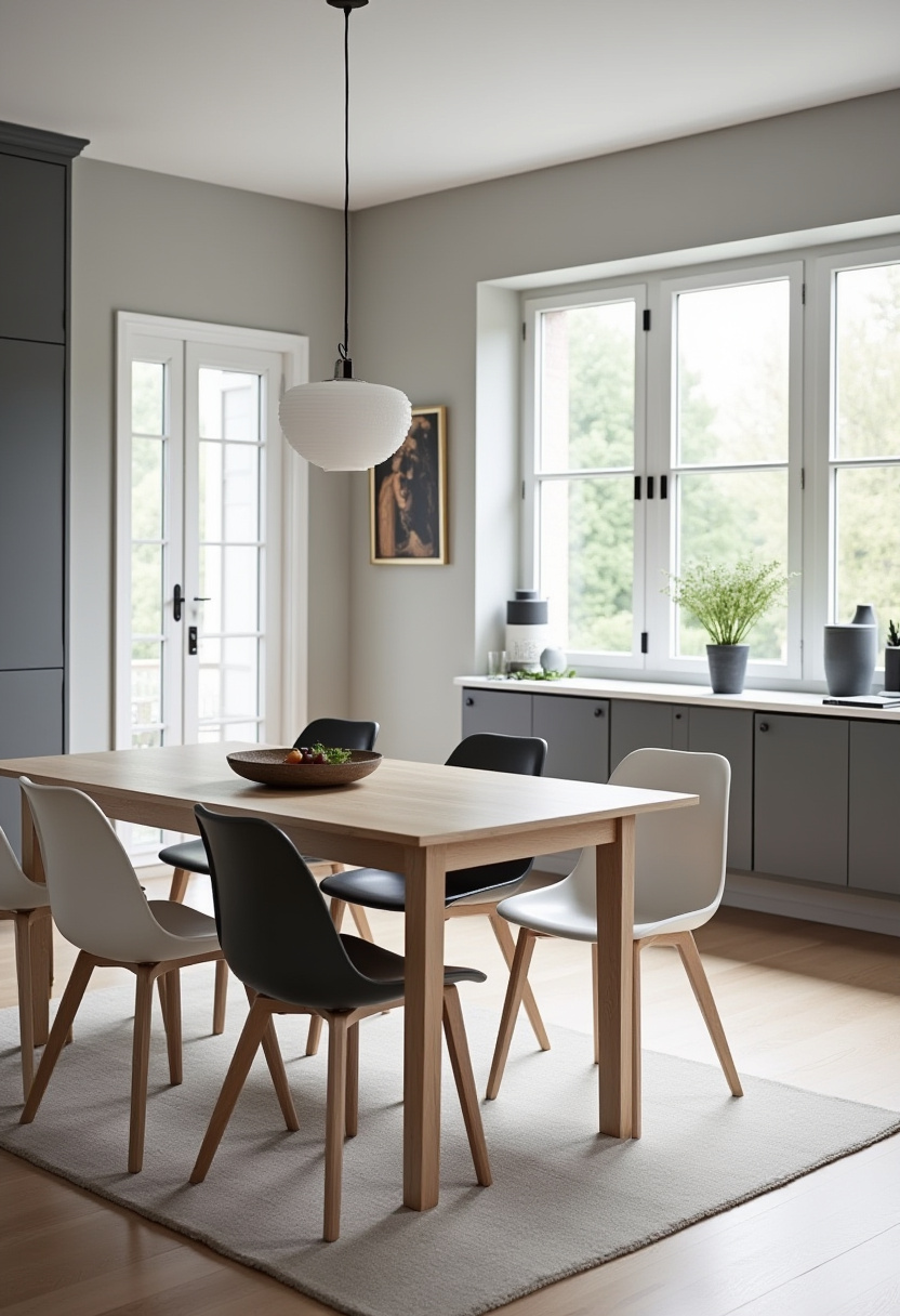 Modern dining room with a minimalist feel. Features a large table, six chairs, pendant light, potted plant, and glass doors opening to greenery. Cozy and serene.