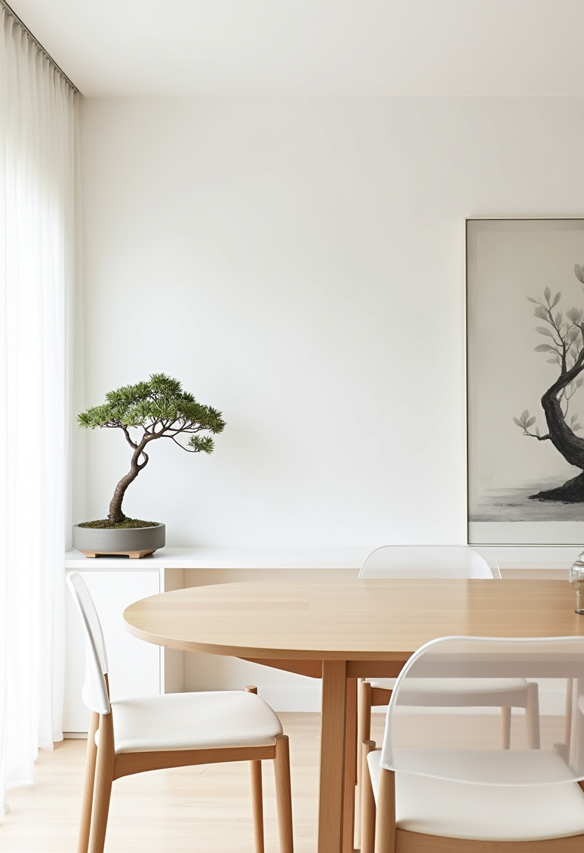 Minimalist dining area with a wooden table and chairs on a round woven rug. Pendant lights hang above. A sideboard holds vases, and sunlight casts soft shadows.