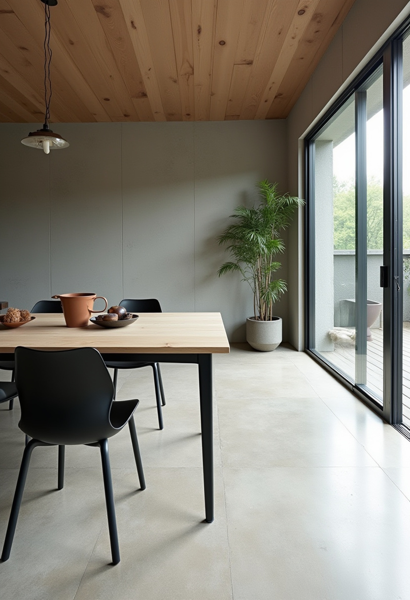 Minimalist dining area with a wooden table and chairs on a round woven rug. Pendant lights hang above. A sideboard holds vases, and sunlight casts soft shadows.