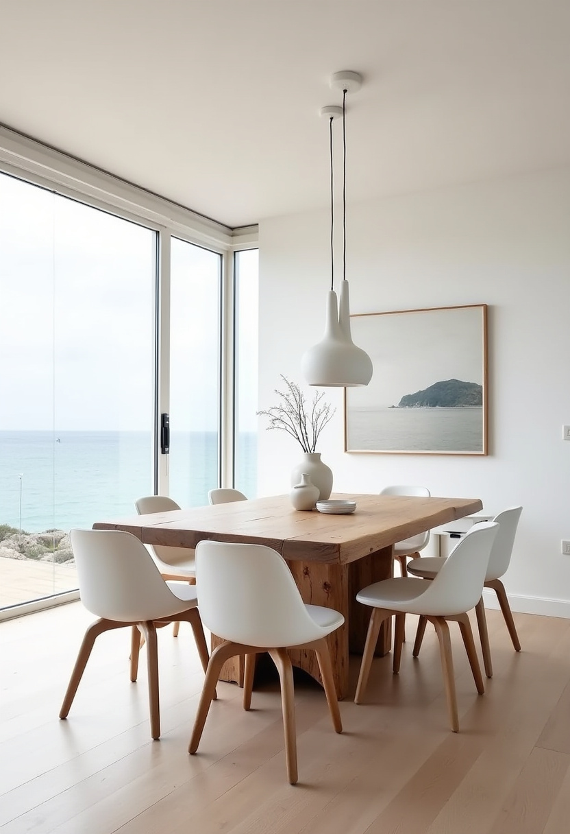 Minimalist dining area with a wooden table and chairs on a round woven rug. Pendant lights hang above. A sideboard holds vases, and sunlight casts soft shadows.
