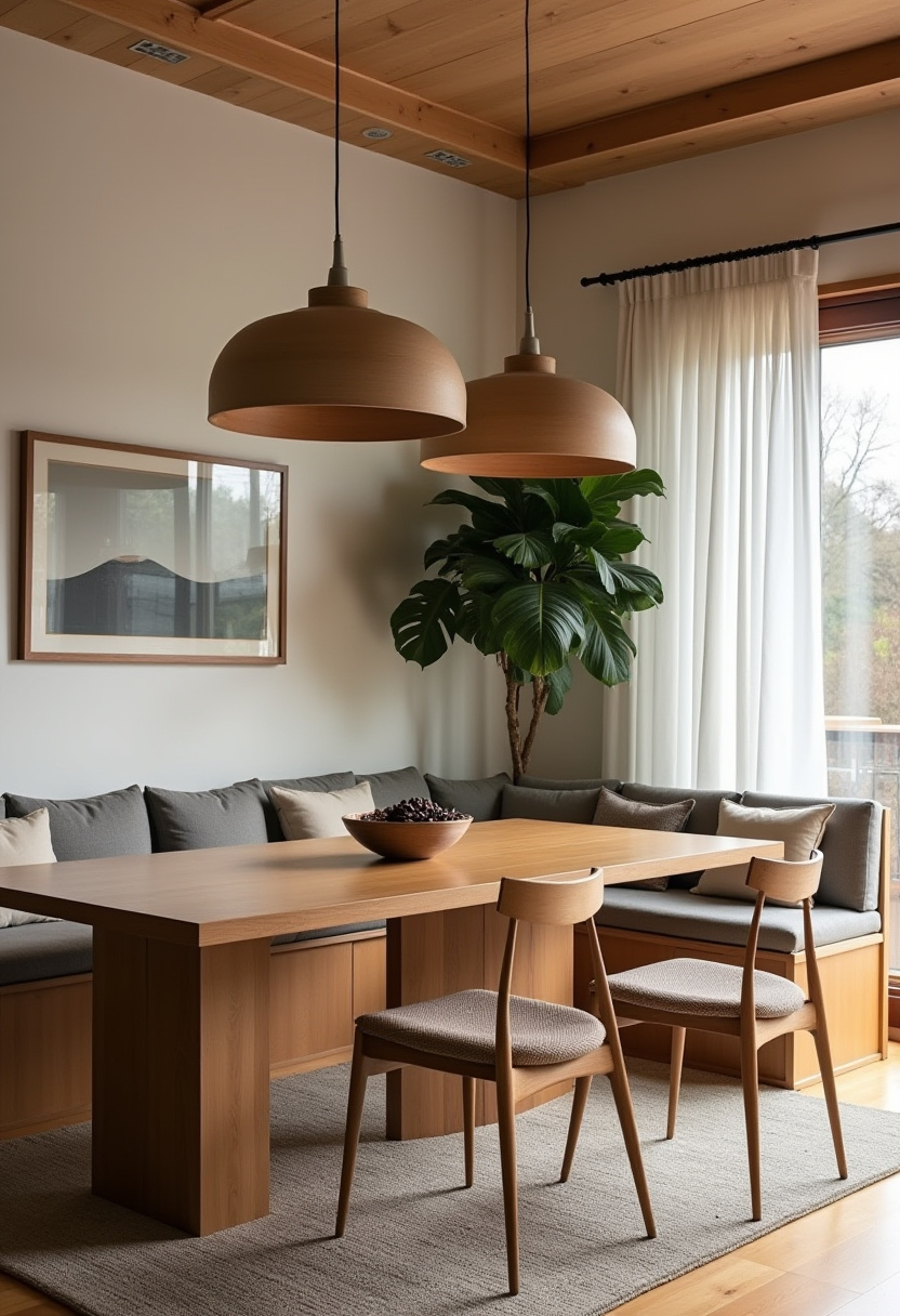 Minimalist dining area with a wooden table and chairs on a round woven rug. Pendant lights hang above. A sideboard holds vases, and sunlight casts soft shadows.