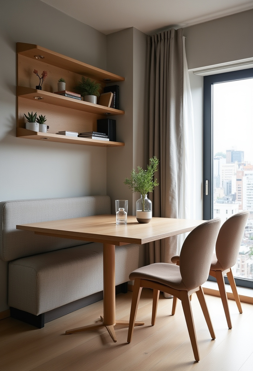 Minimalist dining area with a wooden table and chairs on a round woven rug. Pendant lights hang above. A sideboard holds vases, and sunlight casts soft shadows.