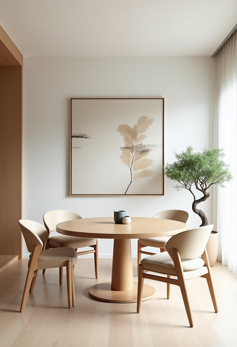 Minimalist dining area with a wooden table and chairs on a round woven rug. Pendant lights hang above. A sideboard holds vases, and sunlight casts soft shadows.