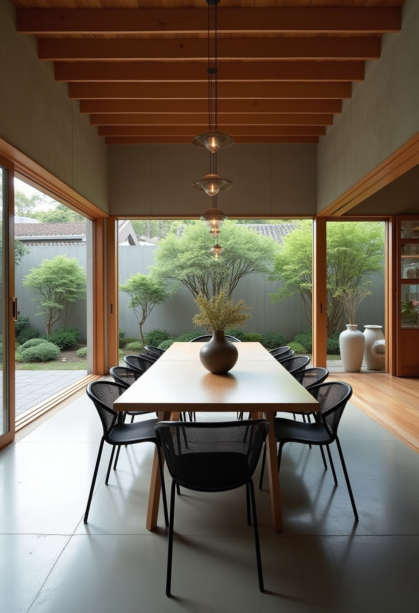 Minimalist dining area with a wooden table and chairs on a round woven rug. Pendant lights hang above. A sideboard holds vases, and sunlight casts soft shadows.