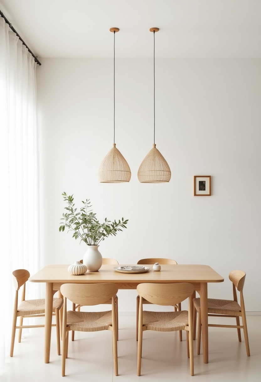 Minimalist dining area with a wooden table and chairs on a round woven rug. Pendant lights hang above. A sideboard holds vases, and sunlight casts soft shadows.