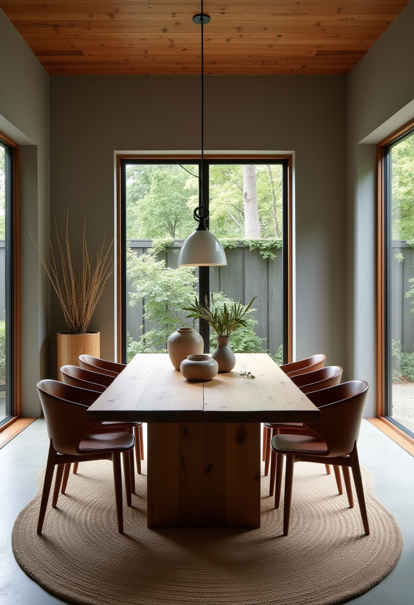 Minimalist dining area with a wooden table and chairs on a round woven rug. Pendant lights hang above. A sideboard holds vases, and sunlight casts soft shadows.