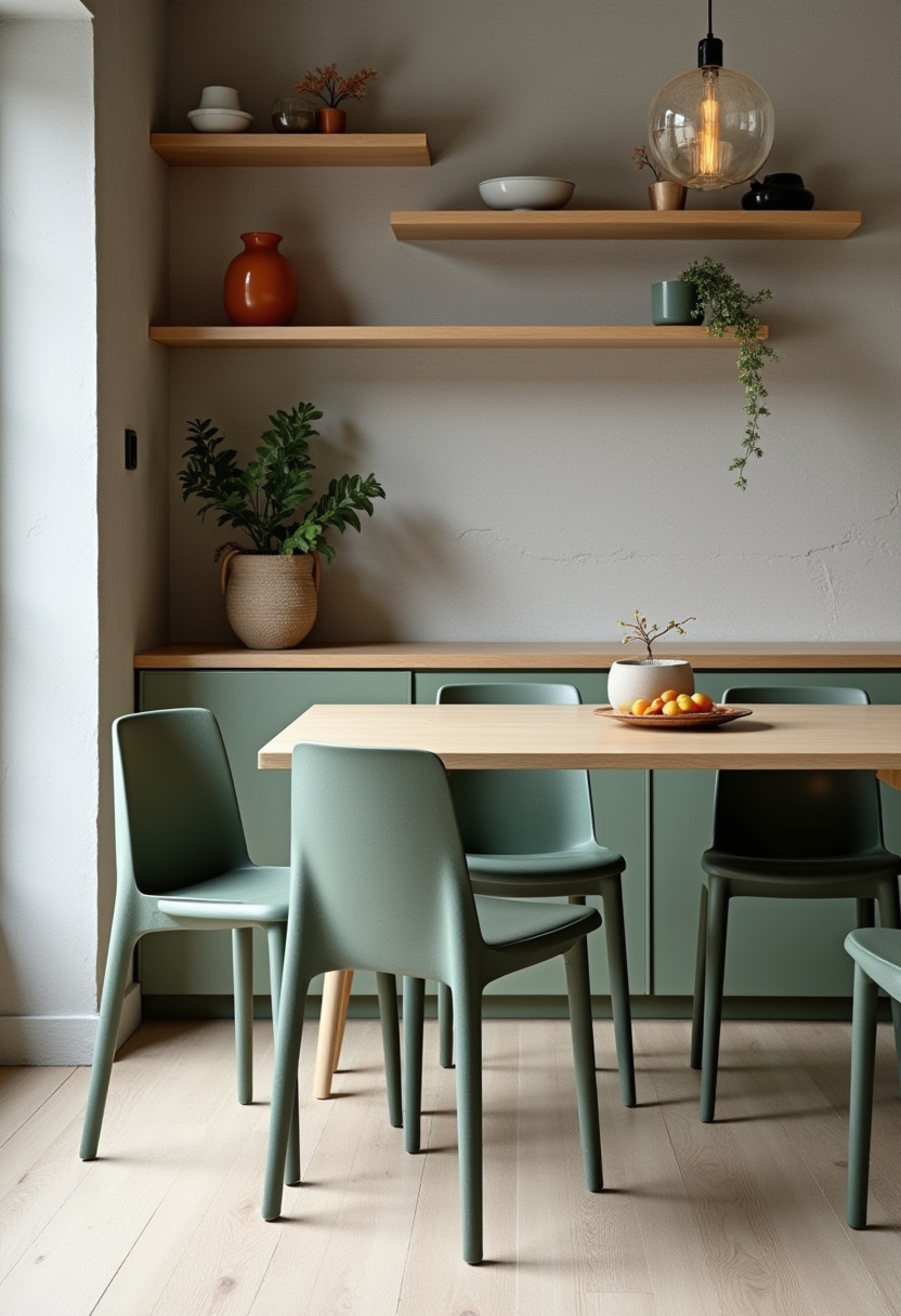 Minimalist dining area with a wooden table and chairs on a round woven rug. Pendant lights hang above. A sideboard holds vases, and sunlight casts soft shadows.