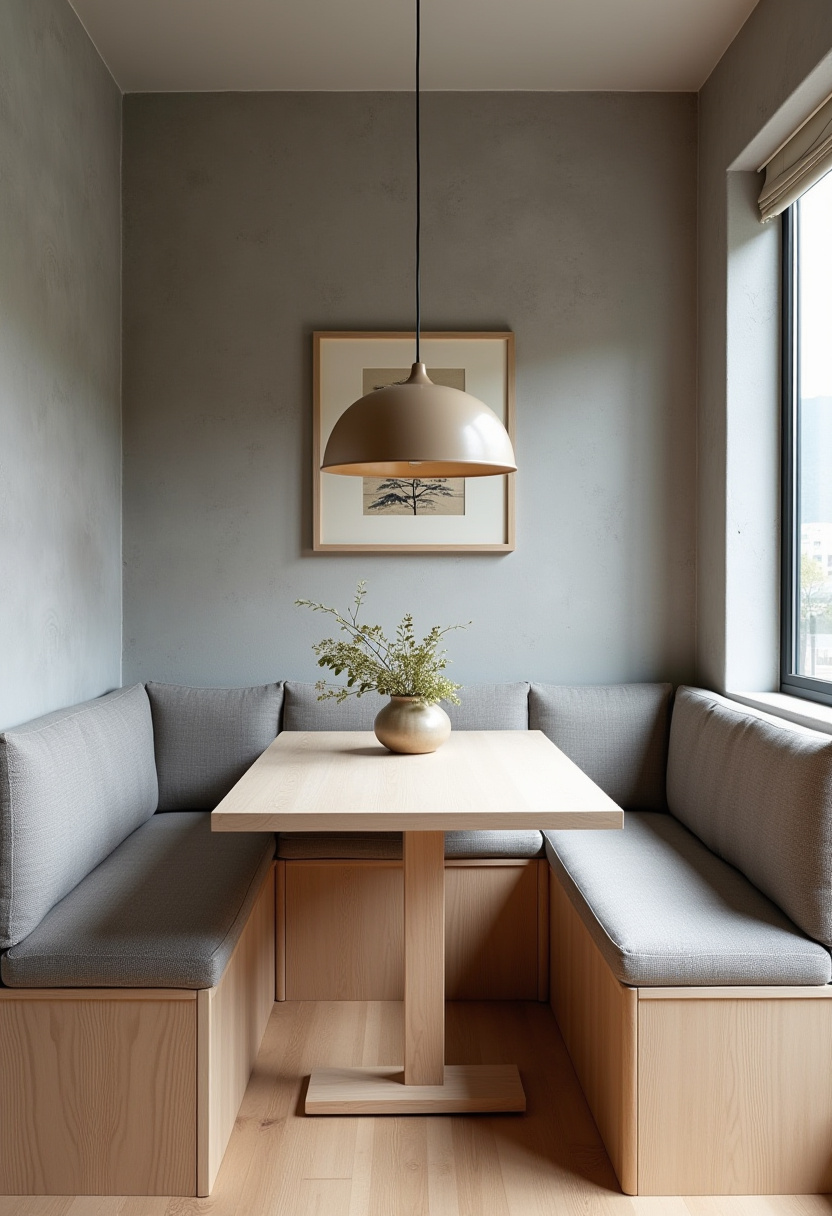 Minimalist dining area with a wooden table and chairs on a round woven rug. Pendant lights hang above. A sideboard holds vases, and sunlight casts soft shadows.