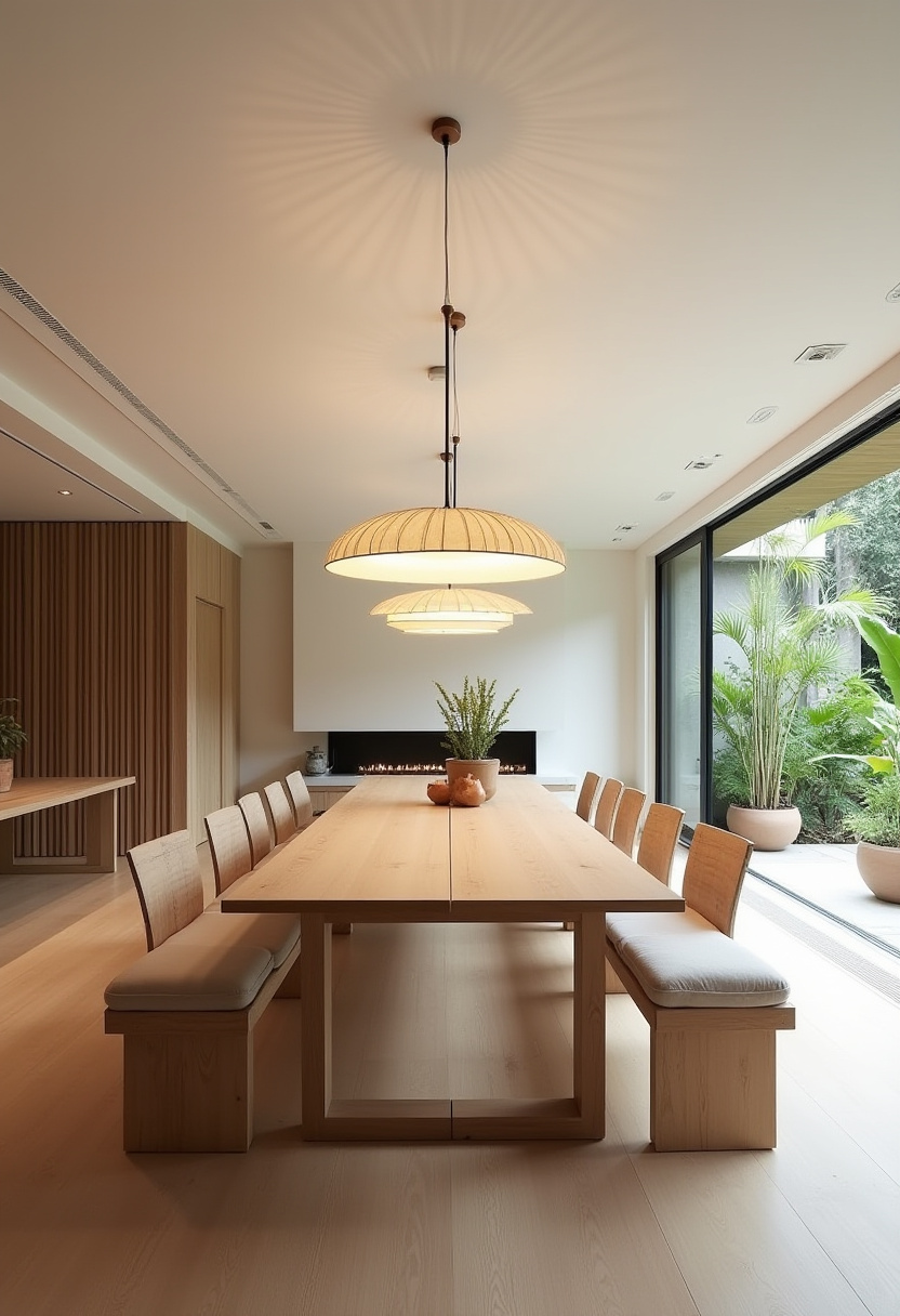 Minimalist dining area with a wooden table and chairs on a round woven rug. Pendant lights hang above. A sideboard holds vases, and sunlight casts soft shadows.