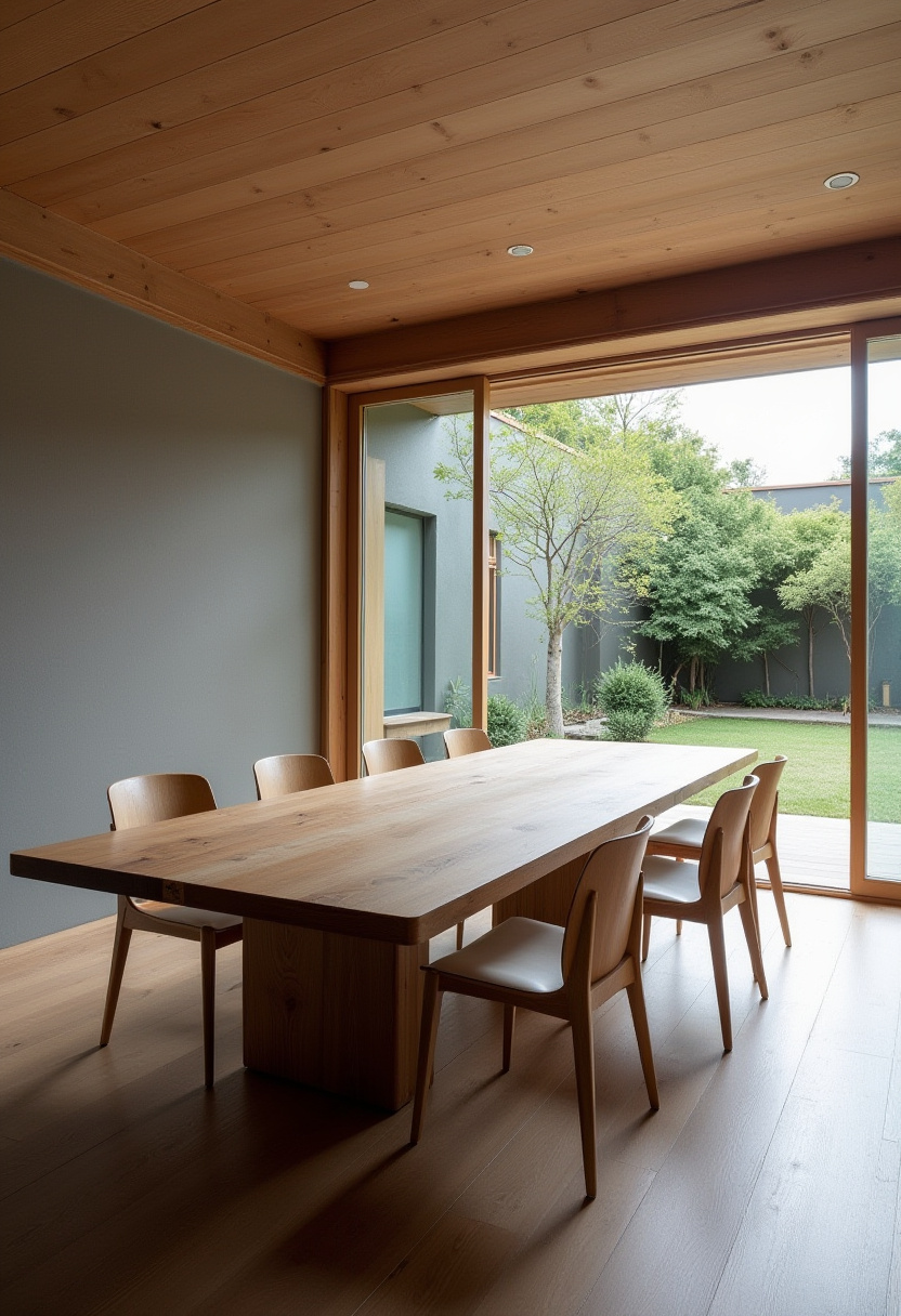 Minimalist dining area with a wooden table and chairs on a round woven rug. Pendant lights hang above. A sideboard holds vases, and sunlight casts soft shadows.