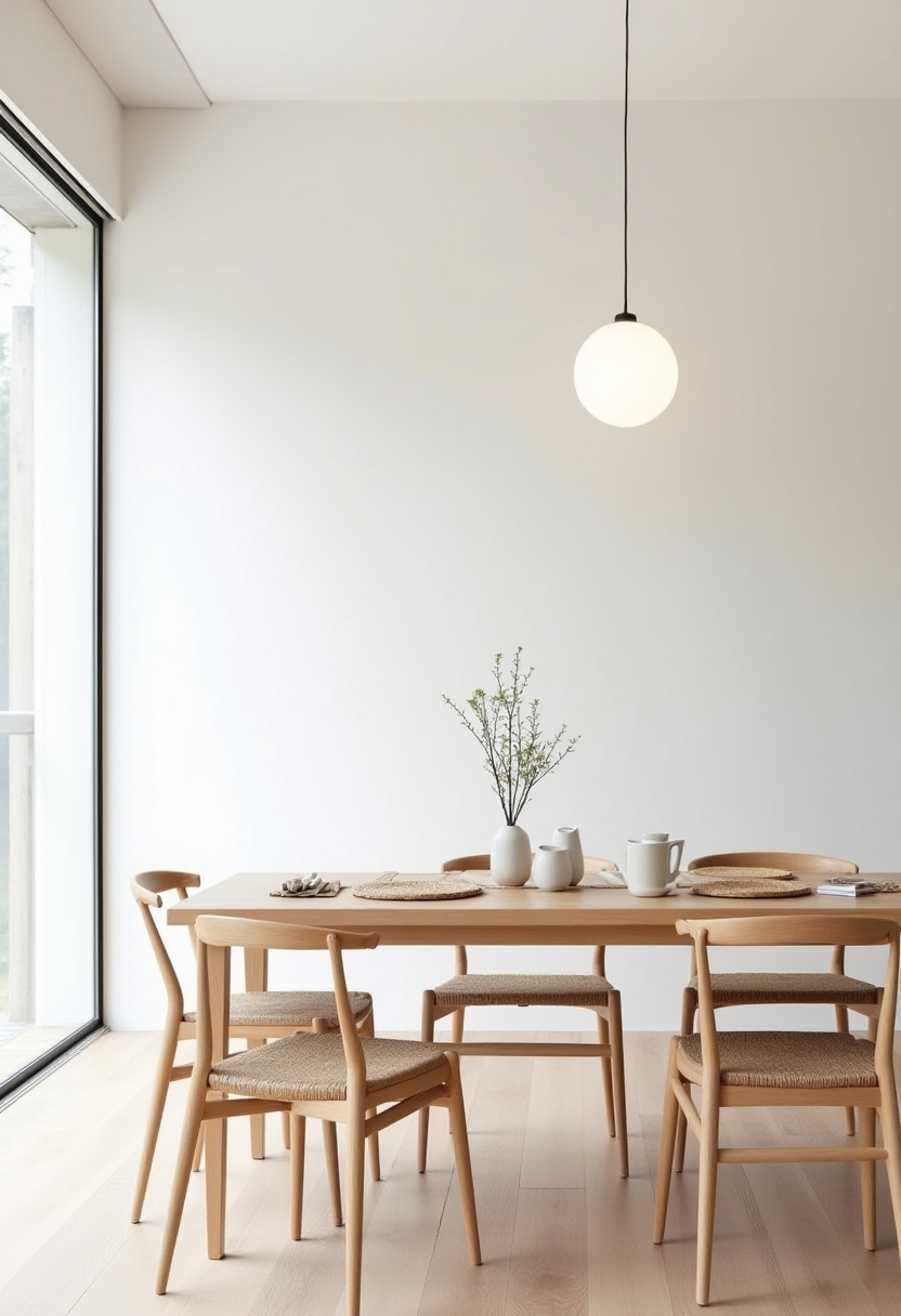 Minimalist dining area with a wooden table and chairs on a round woven rug. Pendant lights hang above. A sideboard holds vases, and sunlight casts soft shadows.