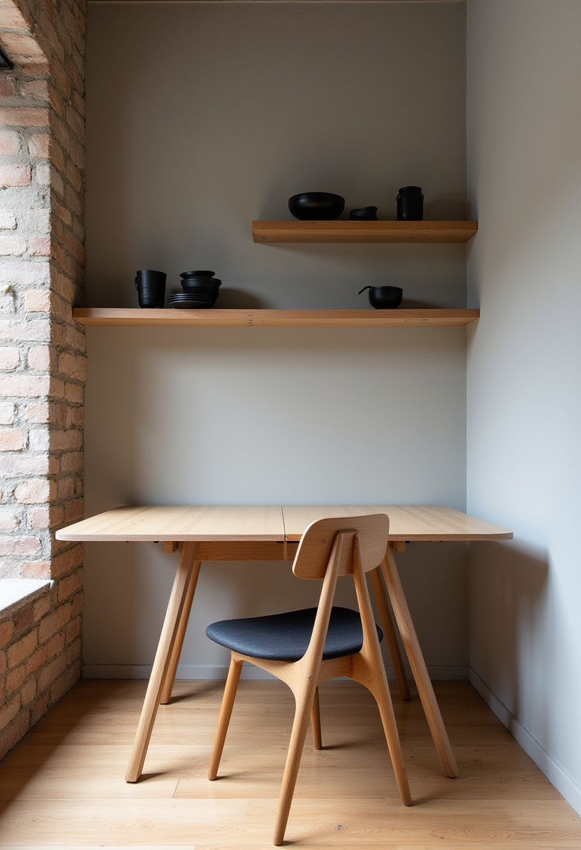 Minimalist dining area with a wooden table and chairs on a round woven rug. Pendant lights hang above. A sideboard holds vases, and sunlight casts soft shadows.