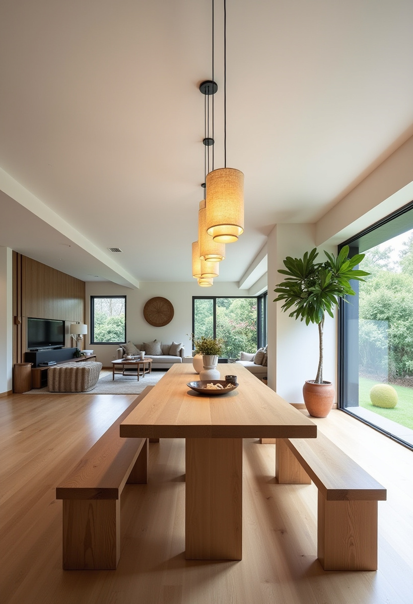 Minimalist dining area with a wooden table and chairs on a round woven rug. Pendant lights hang above. A sideboard holds vases, and sunlight casts soft shadows.