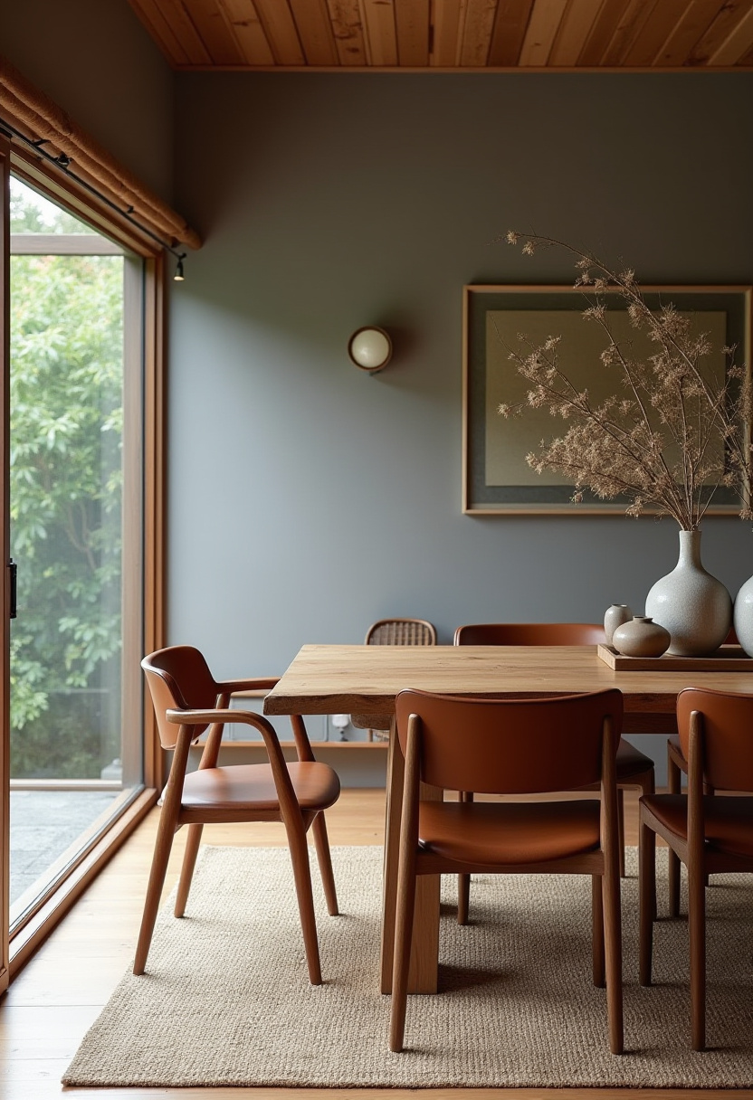 Minimalist dining area with a wooden table and chairs on a round woven rug. Pendant lights hang above. A sideboard holds vases, and sunlight casts soft shadows.