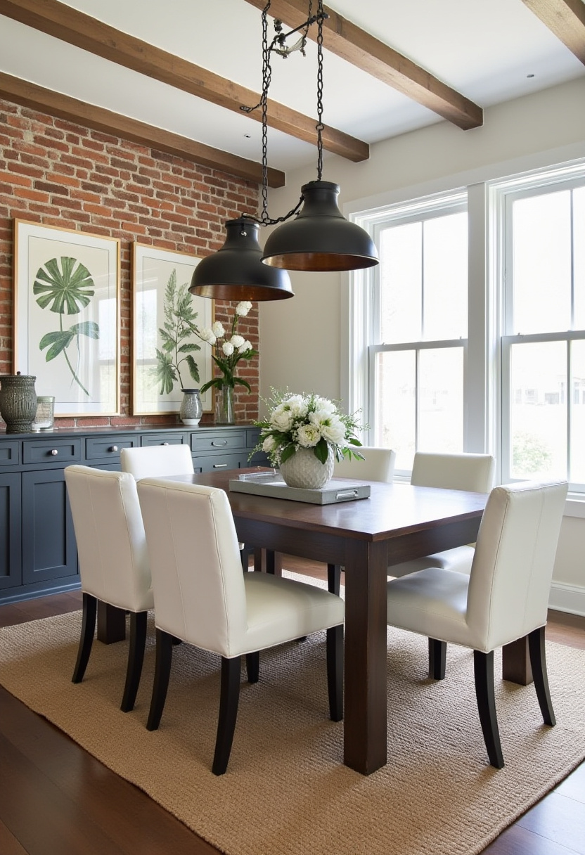 Bring rustic warmth and bright charm to your dining room with a wooden table paired with crisp white chairs and a fresh floral centerpiece. A textured brick wall, botanical prints, and large windows flood the space with natural light, perfect for lovers of rustic farmhouse decor, botanical interiors, and bright cozy spaces. Pin this inviting look to refresh your dining area with natural elegance!
#CozyDiningRoom #RusticFarmhouse #FloralCenterpiece #BrickWallDecor #BotanicalPrints #BrightInteriors #NaturalLight #PinterestHomeIdeas #WarmDiningSpace