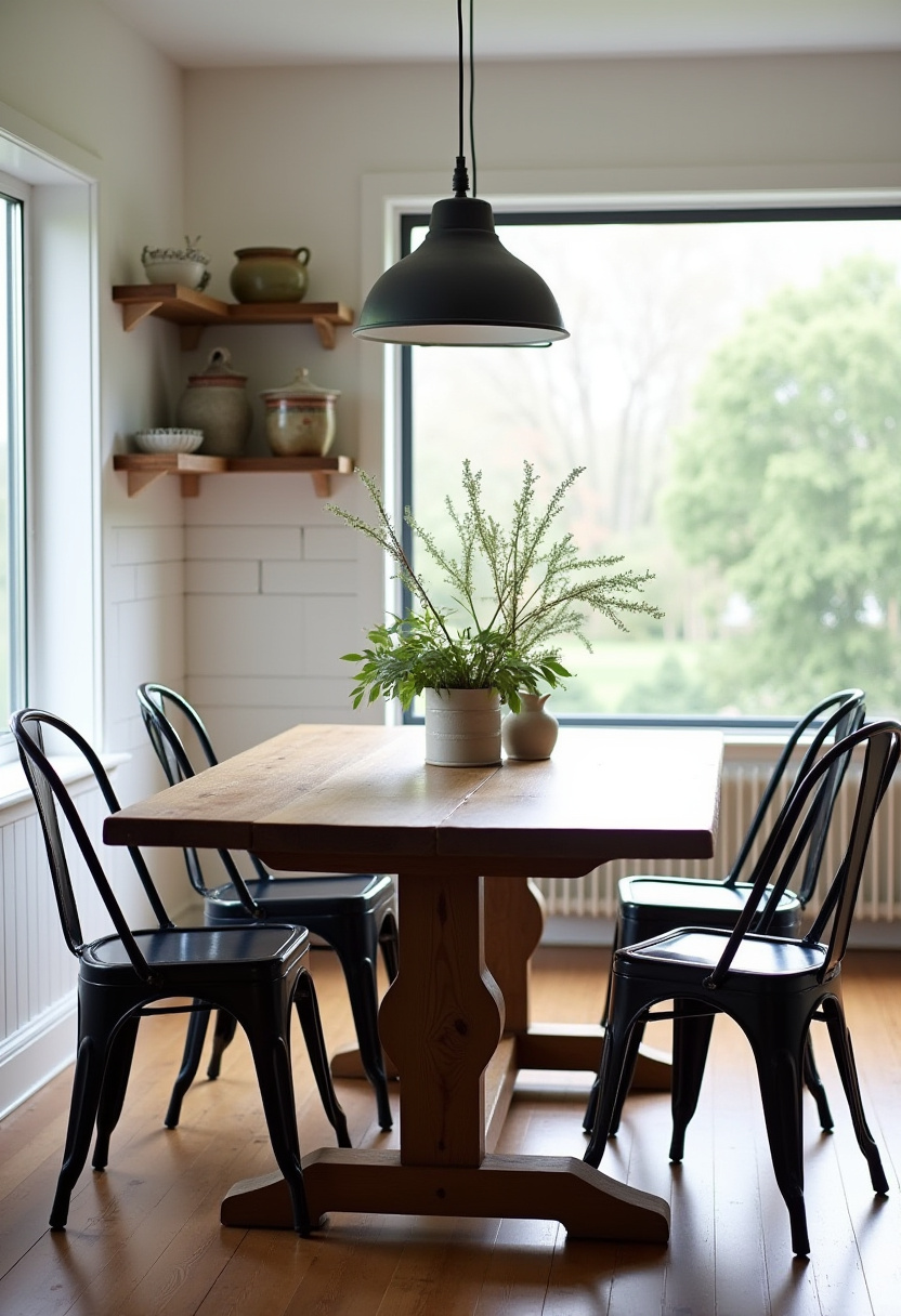 Elevate your dining space with a sleek wooden table paired with four black metal chairs, illuminated by a modern black pendant light. A potted greenery centerpiece and rustic pottery on nearby shelves add natural warmth and texture—perfect for fans of industrial farmhouse decor, modern rustic style, and cozy dining nooks. Pin this stylish setup to inspire your next home refresh!
#DiningAreaDecor #IndustrialFarmhouse #BlackMetalChairs #PendantLighting #PottedGreenery #RusticPottery #CozyDiningNook #PinterestHomeIdeas #ModernRusticStyle
