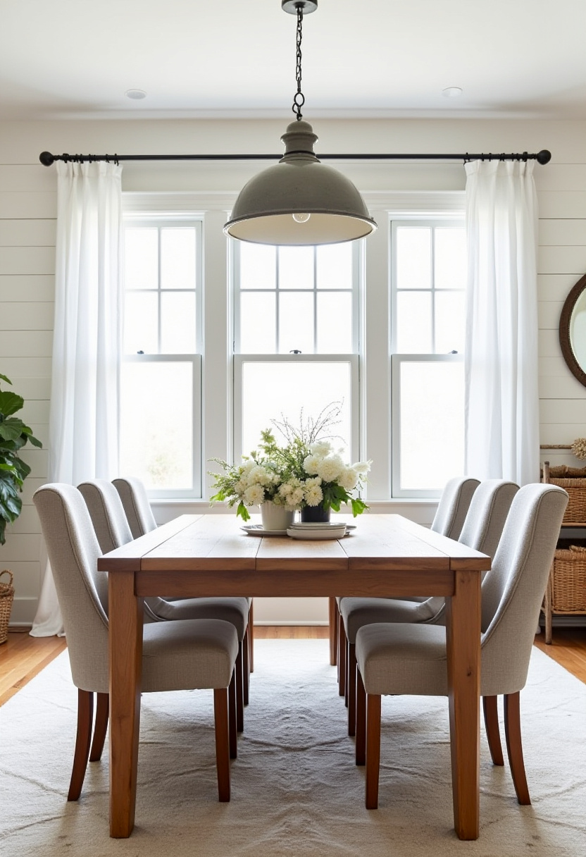 Create a bright and elegant dining space with a wooden table surrounded by six gray upholstered chairs, perfectly complemented by a large gray pendant light overhead. A vase of fresh white flowers adds a simple yet sophisticated centerpiece—ideal for fans of modern farmhouse style, neutral color palettes, and elegant dining rooms. Pin this fresh and inviting look to elevate your dining area!
#BrightDiningRoom #ModernFarmhouse #GrayUpholsteredChairs #PendantLighting #WhiteFlowerCenterpiece #NeutralInteriors #ElegantDiningSpace #PinterestHomeIdeas #CozyDiningRoom
