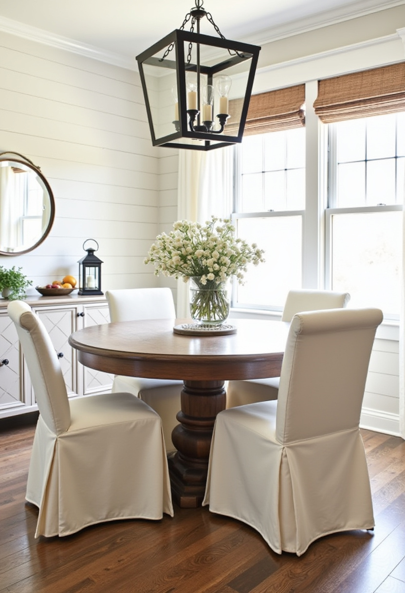 Create a warm and inviting dining space with a round wooden table paired with white slipcovered chairs and a delicate vase of white flowers. Sunlight filtering through the windows enhances the cozy ambiance—perfect for lovers of classic farmhouse style, bright airy interiors, and elegant cozy dining rooms. Pin this charming setup to inspire your next home refresh!
#CozyDiningRoom #FarmhouseStyle #WhiteSlipcoveredChairs #RoundWoodenTable #BrightInteriors #WhiteFlowerVase #WarmAmbiance #PinterestHomeIdeas #InvitingDiningRoom