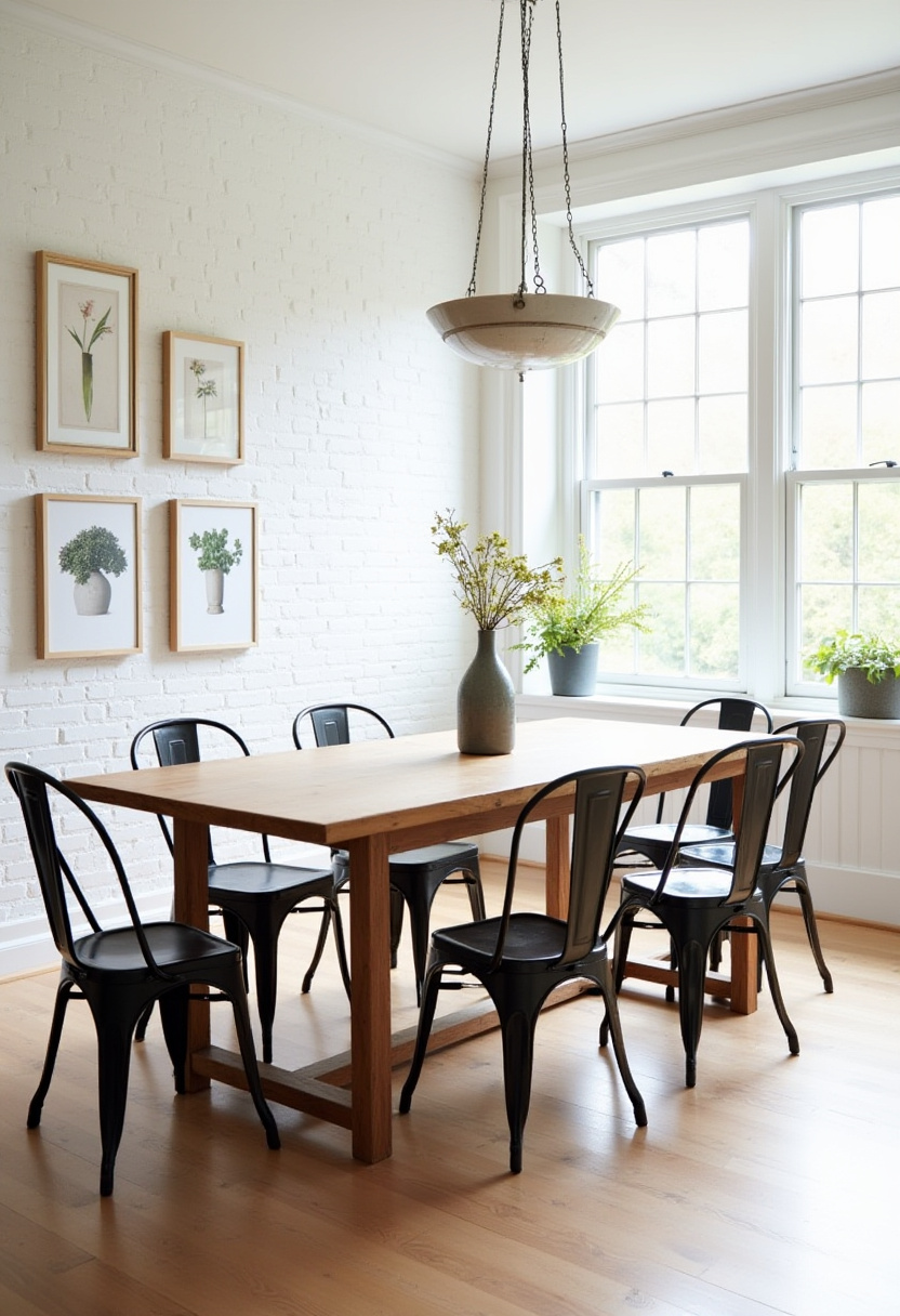 Fill your dining room with light and style featuring a wooden table paired with sleek black metal chairs and a fresh vase of flowers. Sunlight streams through large windows, highlighting framed plant art that brings nature indoors—perfect for lovers of modern rustic decor, bright airy spaces, and botanical-inspired interiors. Pin this fresh, inviting look to brighten up your home!
#BrightDiningRoom #ModernRustic #BlackMetalChairs #PlantArt #NaturalLight #FreshFlowerCenterpiece #CozyDiningSpace #PinterestHomeIdeas #BotanicalDecor