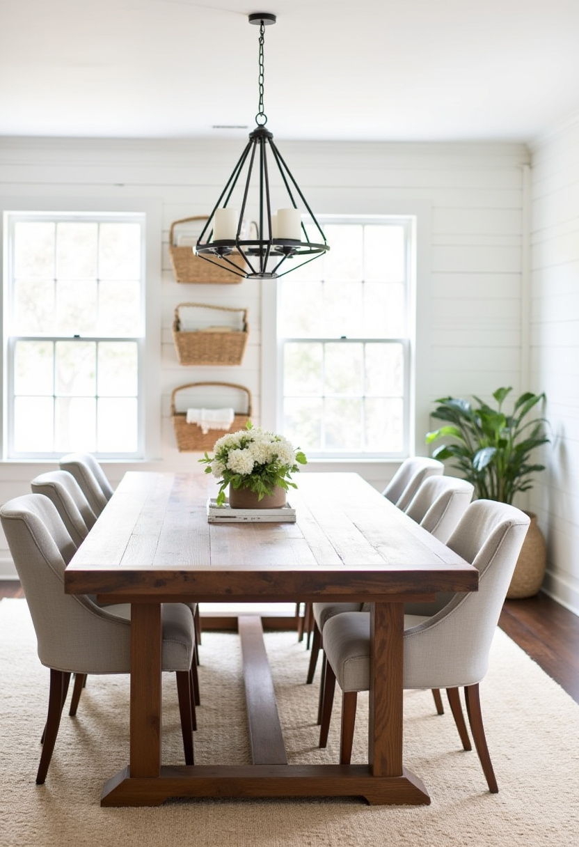 Create a bright and cozy dining room with a wooden table surrounded by six upholstered chairs, highlighted by a sleek modern black chandelier. Large windows, crisp white walls, and warm basket decor add natural texture and light—perfect for fans of modern farmhouse style, bright cozy interiors, and textured home accents. Pin this inviting space to inspire your next dining room refresh!
#DiningRoomDecor #ModernFarmhouse #BlackChandelier #UpholsteredChairs #BrightInteriors #BasketDecor #CozyDiningRoom #PinterestHomeIdeas #NaturalTexture