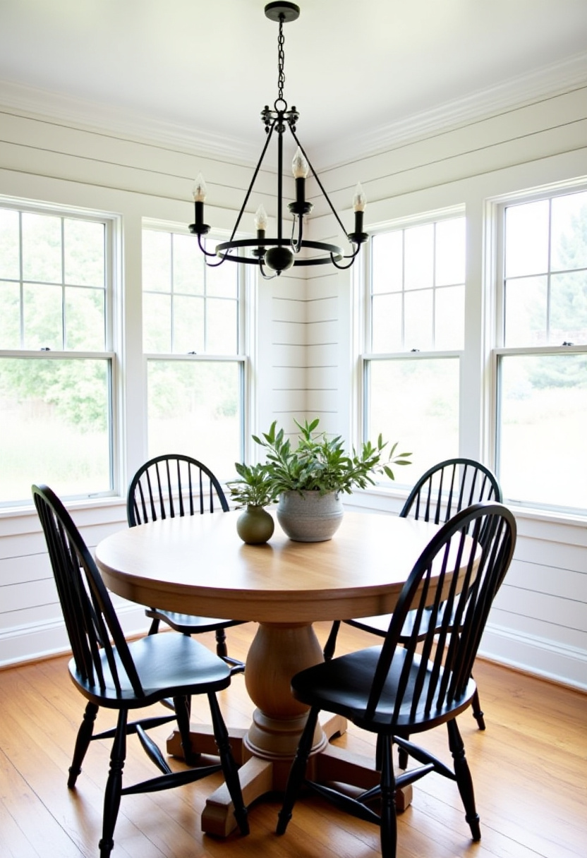 Create an airy and inviting dining space with a round wooden table surrounded by four sleek black chairs and a vibrant potted greenery centerpiece. Large windows flood the room with natural light, while a bold black chandelier adds modern charm—perfect for lovers of modern farmhouse style, bright airy interiors, and natural decor accents. Pin this fresh look to brighten your dining area!
#BrightDiningRoom #ModernFarmhouse #RoundWoodenTable #BlackChairs #PottedGreenery #BlackChandelier #AiryInteriors #NaturalDecor #PinterestHomeIdeas