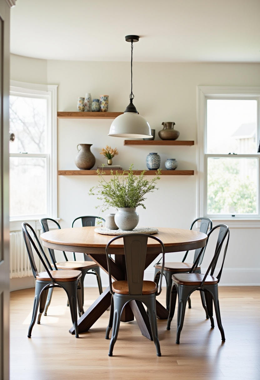 Create a cozy dining nook with a round wooden table surrounded by sleek metal chairs, perfect for intimate gatherings. A vase filled with fresh greenery adds life to the table, while shelves displaying charming pottery bring rustic warmth and character to the space. Ideal for fans of industrial farmhouse decor, cozy dining spaces, and natural home accents. Pin this inviting setup to inspire your next dining room refresh!
#CozyDiningRoom #IndustrialFarmhouse #WoodenTable #MetalChairs #PotteryDecor #GreeneryVase #RusticHomeStyle #PinterestHomeIdeas #DiningRoomInspo