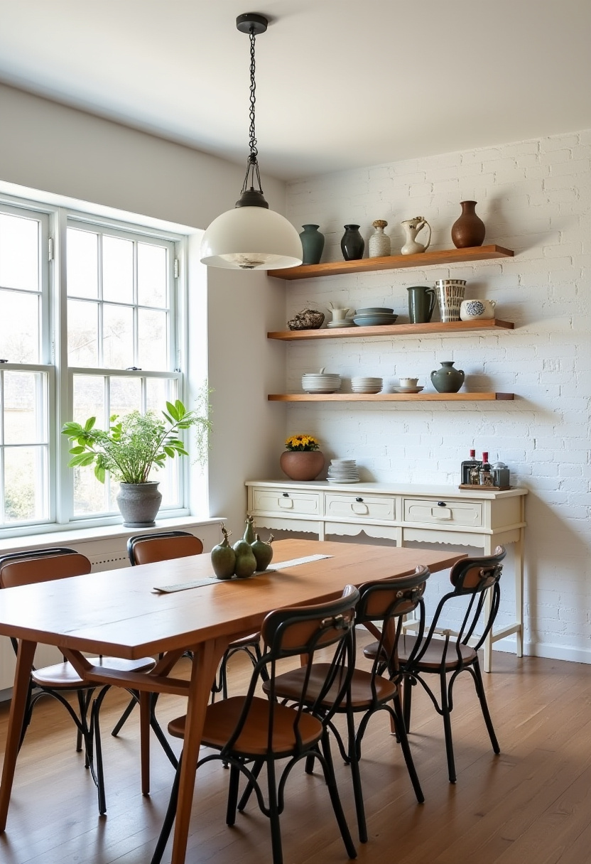 Enjoy warm gatherings in this cozy dining room featuring a wooden table set for six, stylish chairs with dark frames, and a charming hanging light. Shelves filled with pottery add rustic character, while sunlight streaming through the window creates a bright and inviting atmosphere—perfect for lovers of rustic farmhouse decor, sunlit dining spaces, and natural home accents. Pin this welcoming setup to inspire your next dining room makeover!
#CozyDiningRoom #RusticFarmhouse #WoodenTable #PotteryDecor #SunlitSpaces #DiningRoomInspo #WarmHomeVibes #PinterestHomeIdeas #NaturalInteriors