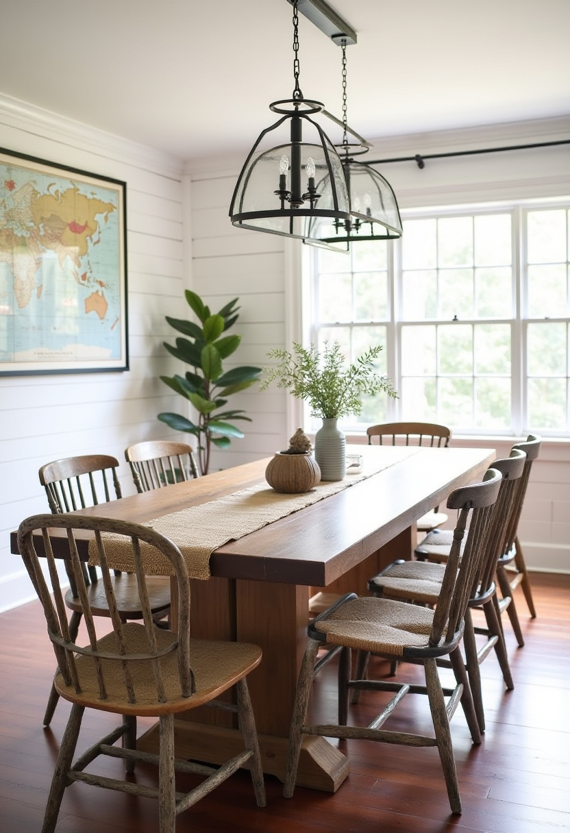 Embrace rustic charm with this inviting dining room featuring a wooden table and six chairs, set against a shiplap wall adorned with a vintage map. A nearby plant adds a touch of greenery, while two pendant lights and natural window light brighten the cozy space—perfect for fans of farmhouse style, rustic interiors, and warm, welcoming dining rooms. Pin this timeless look to inspire your next home update!
#RusticDiningRoom #FarmhouseStyle #ShiplapWall #VintageMapDecor #WoodenDiningTable #PendantLighting #CozyDiningSpace #NaturalLight #PinterestHomeIdeas