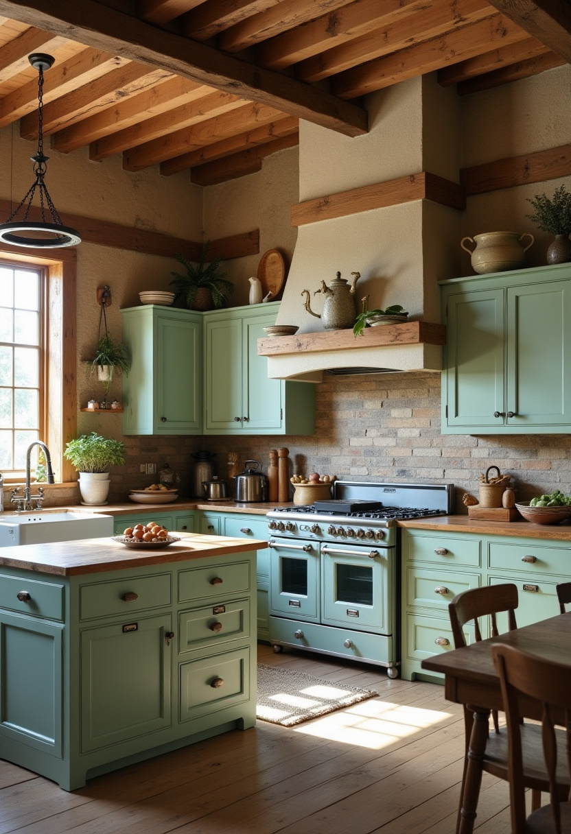 Step into rustic charm with this cozy kitchen featuring mint green cabinets, rich wooden countertops, and a charming vintage stove that brings timeless character. Sunlight pours through the window, casting a warm glow and creating an inviting, lived-in feel. Perfect for lovers of farmhouse kitchens and vintage-inspired decor. Pin this look for your dream kitchen inspiration and follow for more rustic home ideas!
#RusticKitchen #MintGreenCabinets #VintageStove #FarmhouseKitchen #KitchenInspiration #CottageKitchenStyle #WarmHomeVibes #CozyKitchenDecor #PinterestHomeIdeas