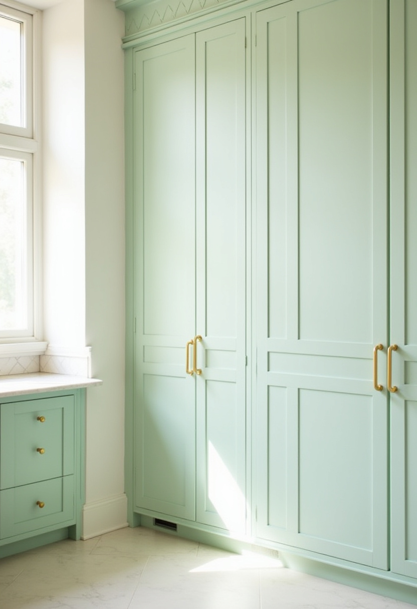 This light-filled kitchen radiates charm with pastel green cabinets, elegant gold handles, and a marble countertop perfectly positioned beneath a sunlit window. The bright, airy atmosphere feels both refined and refreshing — ideal for fans of soft color palettes and elegant kitchen design. Pin this serene space for your kitchen inspiration and follow for more timeless home decor ideas!
#PastelGreenKitchen #LightFilledKitchen #GoldHardware #MarbleCountertops #ElegantKitchenDesign #KitchenInspo #BrightKitchenIdeas #SoftColorDecor #PinterestHomeStyle