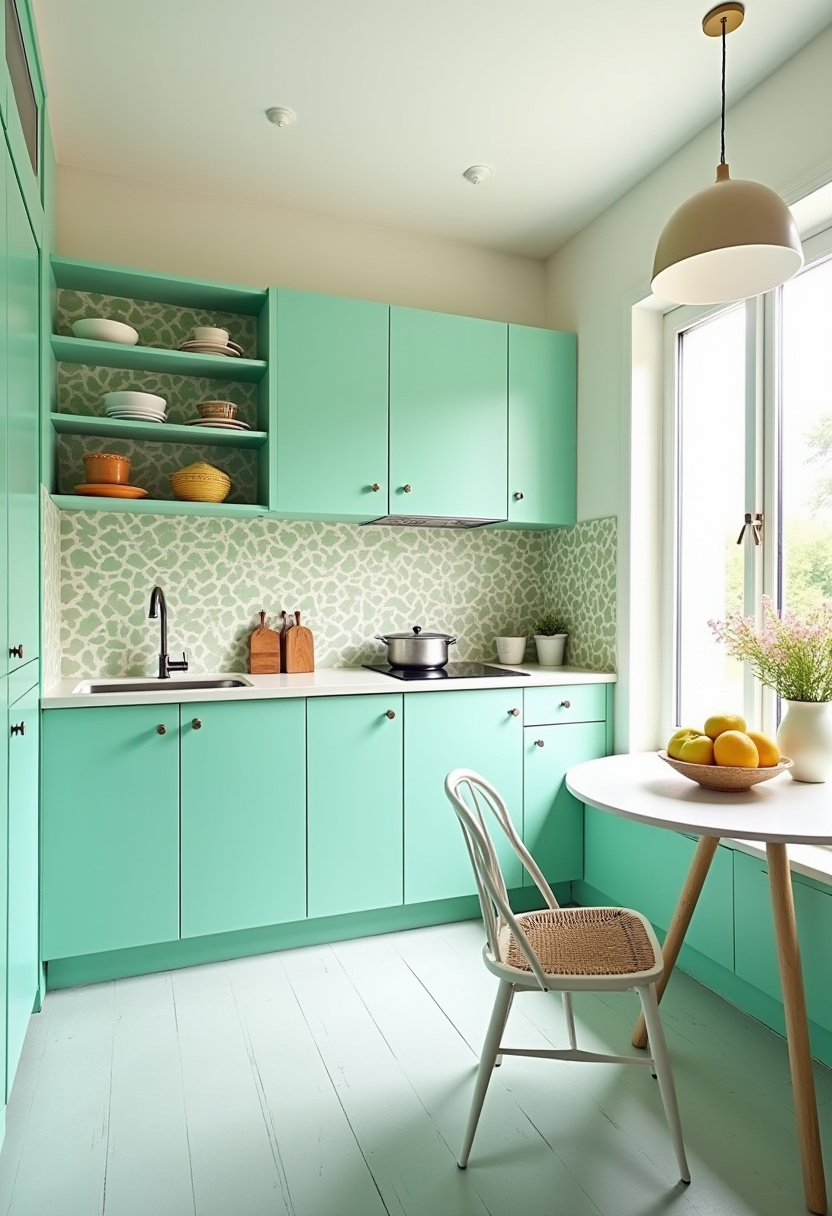 This bright kitchen blends charm and comfort with mint green cabinets, a playful patterned backsplash, and sunlight streaming through a large window. A cozy chair and a table topped with a fruit bowl complete the warm, welcoming vibe — perfect for relaxed mornings or casual meals. Ideal for anyone seeking cheerful kitchen inspiration with a cozy, lived-in feel. Save this pin for your home decor board and follow for more inviting kitchen ideas!
#MintGreenKitchen #BrightKitchenInspo #PatternedBacksplash #CozyKitchenVibes #KitchenDecorIdeas #SmallKitchenStyle #ColorfulKitchenDesign #PinterestHomeInspo #WarmKitchenStyle